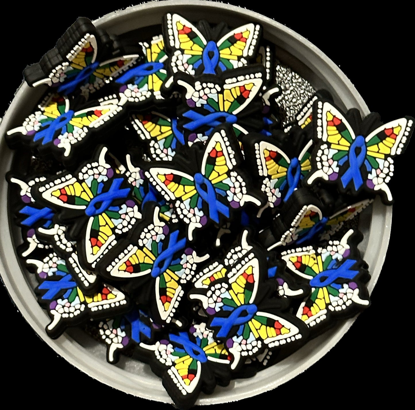 Rainbow butterfly/Focal Bead/ beadable pen/ Silicone bead/ keychain beads/ blue ribbon/ colon cancer ribbon/ domestic violence
