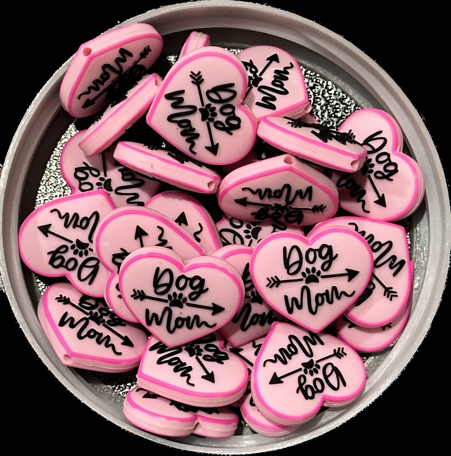 Dog Mom beads/ Focal Bead/ beadable pen/ Silicone bead/ keychain bead/ pet / dog/ pink or black heart/