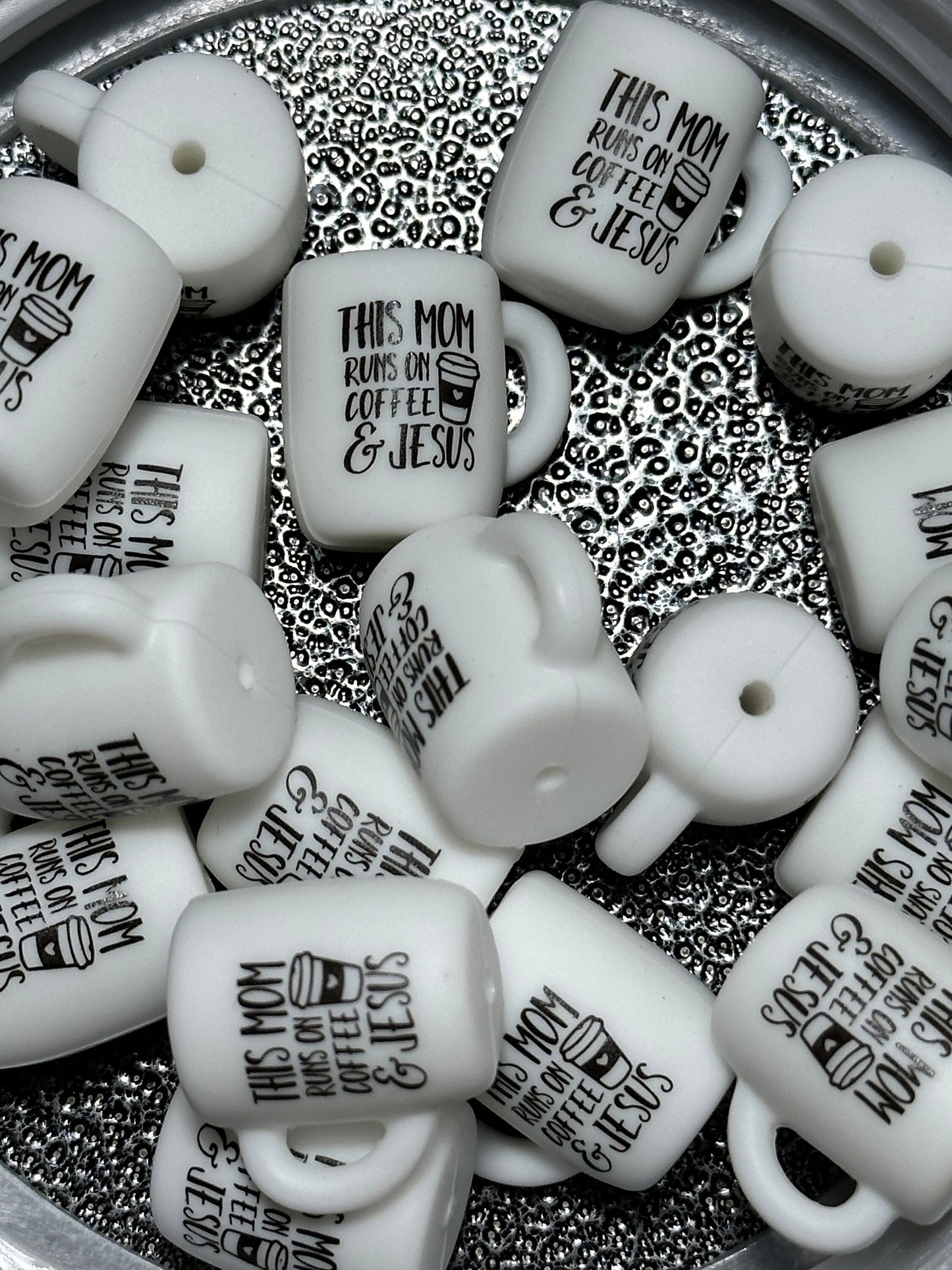 This mom runs on coffee and Jesus/ Coffee mug Focal Bead/ beadable pen/ Jesus/ Silicone bead/ coffee cup/ keychain bead/ mom/ coffee lover