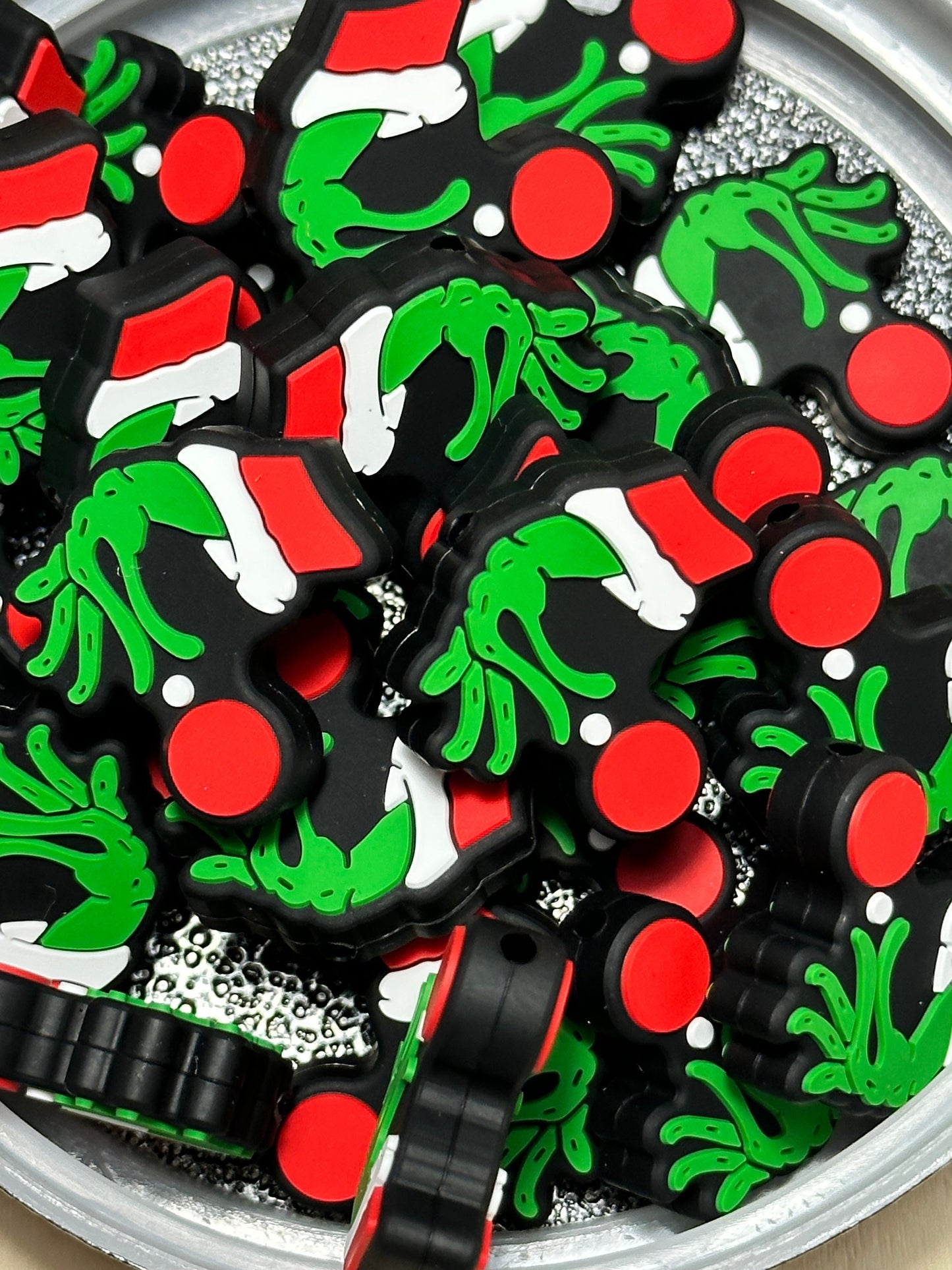 Christmas Focal Beads/ beadable pen/ Silicone bead/ keychain bead/ green hand/ Christmas ornament/ Santa suit/