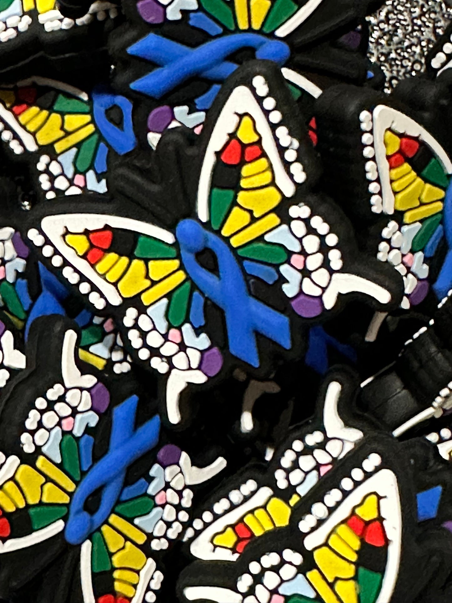 Rainbow butterfly/Focal Bead/ beadable pen/ Silicone bead/ keychain beads/ blue ribbon/ colon cancer ribbon/ domestic violence