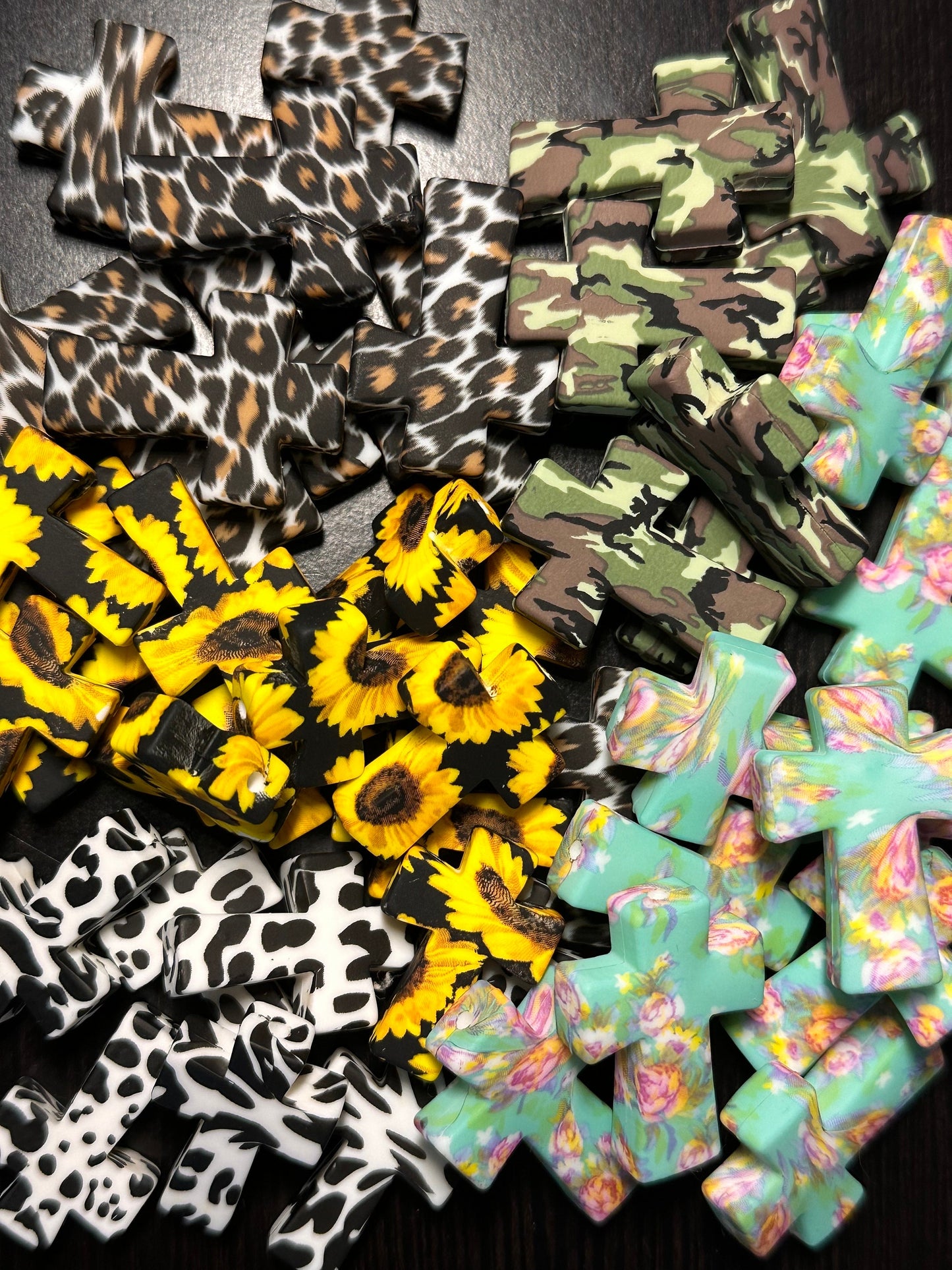 Cross Focal Bead/ cow print/ Silicone bead/ keychain bead/ Sunflower/Floral /Leopard