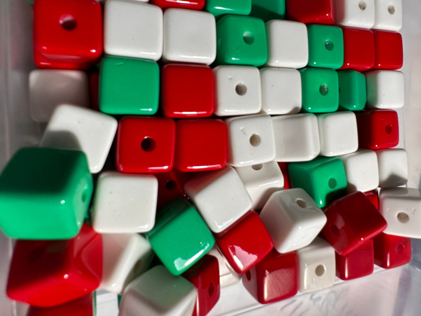 Ten (10) Acrylic red, green, and white cubed shaped beads included/ Bead/ beadable pen/ keychain bead/ Christmas bead/