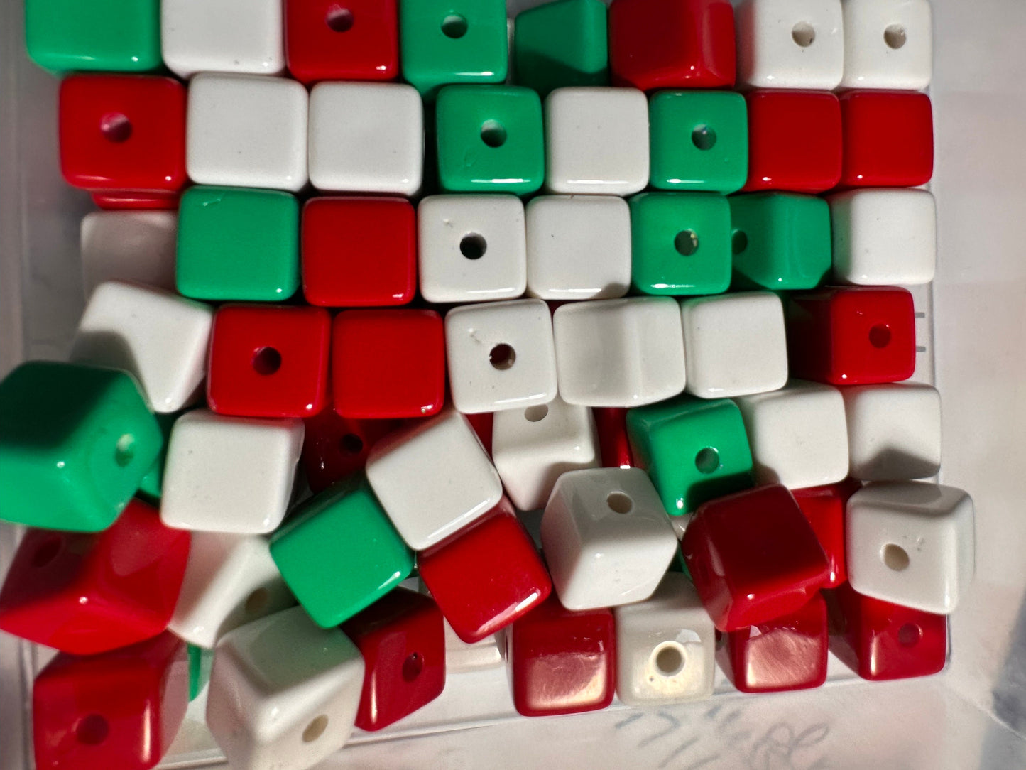 Ten (10) Acrylic red, green, and white cubed shaped beads included/ Bead/ beadable pen/ keychain bead/ Christmas bead/