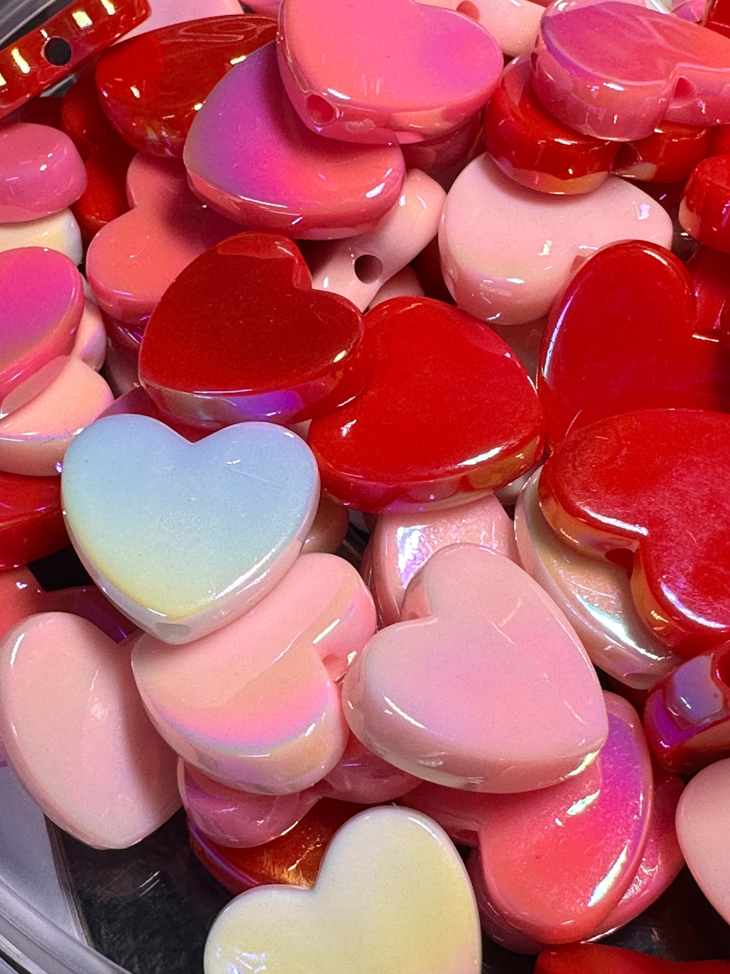 Flat heart beads/ beadable pen/ acrylic bead/ keychain bead/ Ten (10) beads included/ hole top to bottom