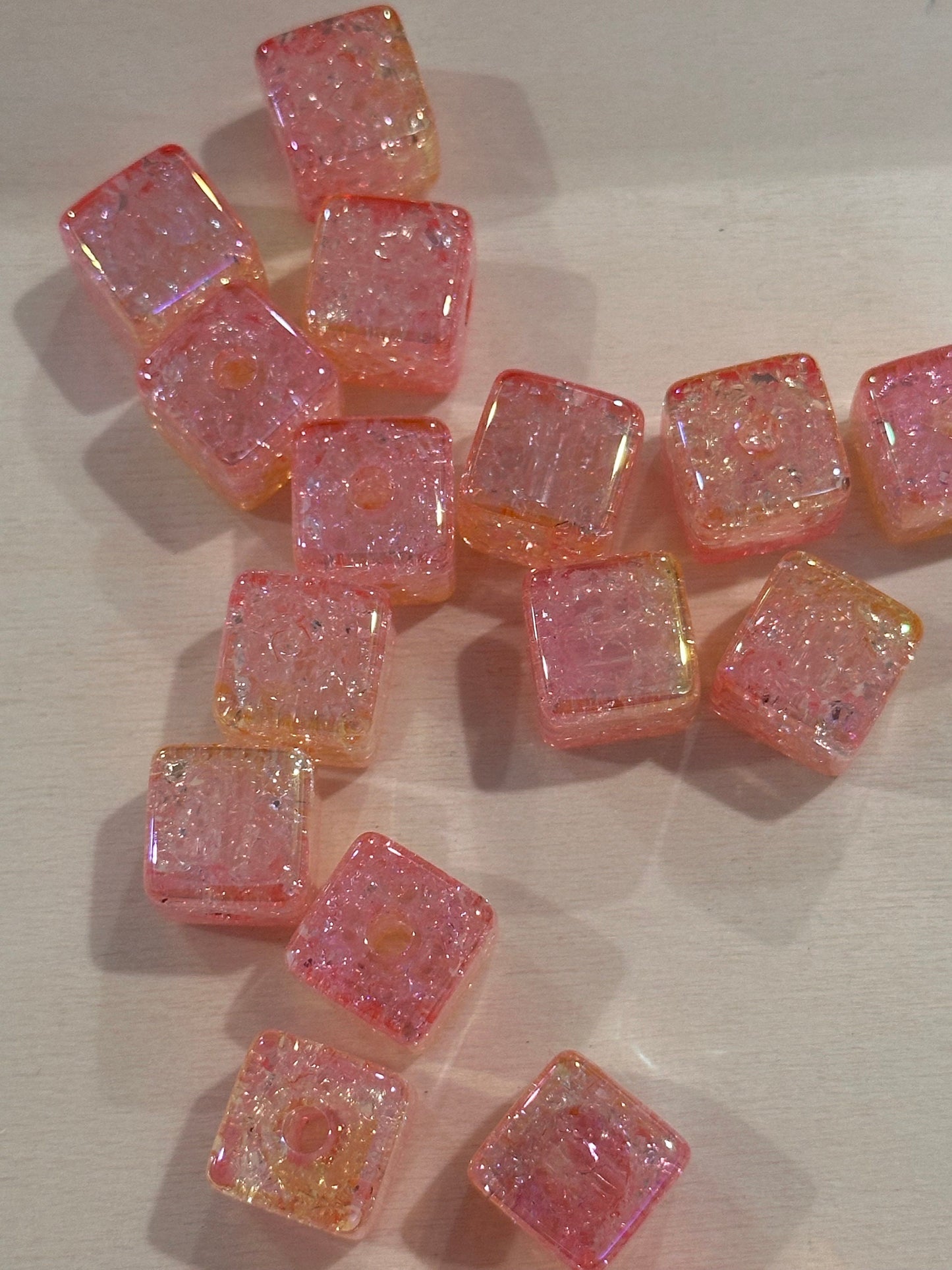 Pink crackle cubed shaped/Ten (10) beads included/ Bead/ beadable pen/ keychain bead/ cube bead/