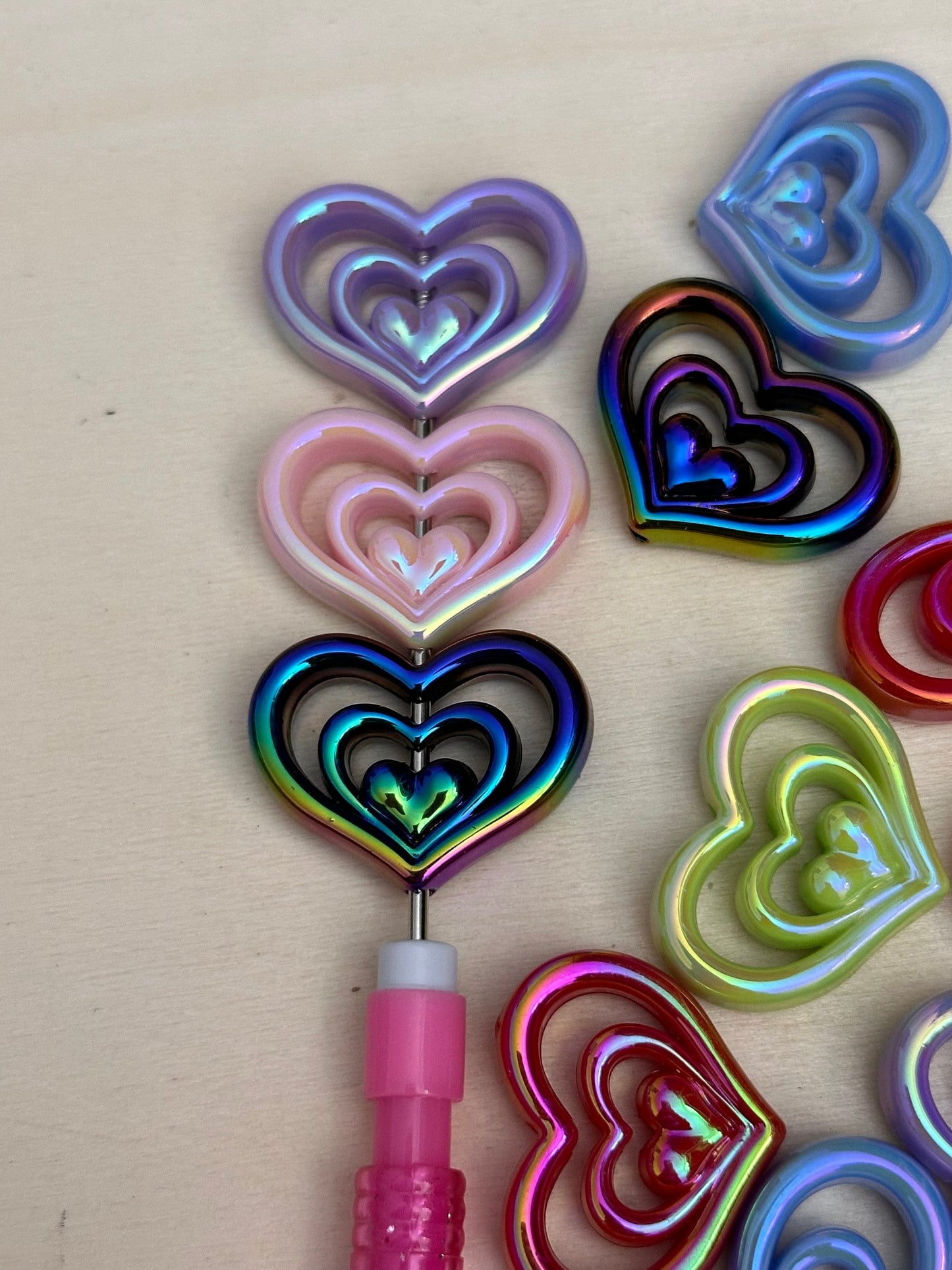 Acrylic triple heart shaped beads/ Ten (10) Beads/ beadable pen/ keychain bead/ Valentines Day bead/ Love/ heart