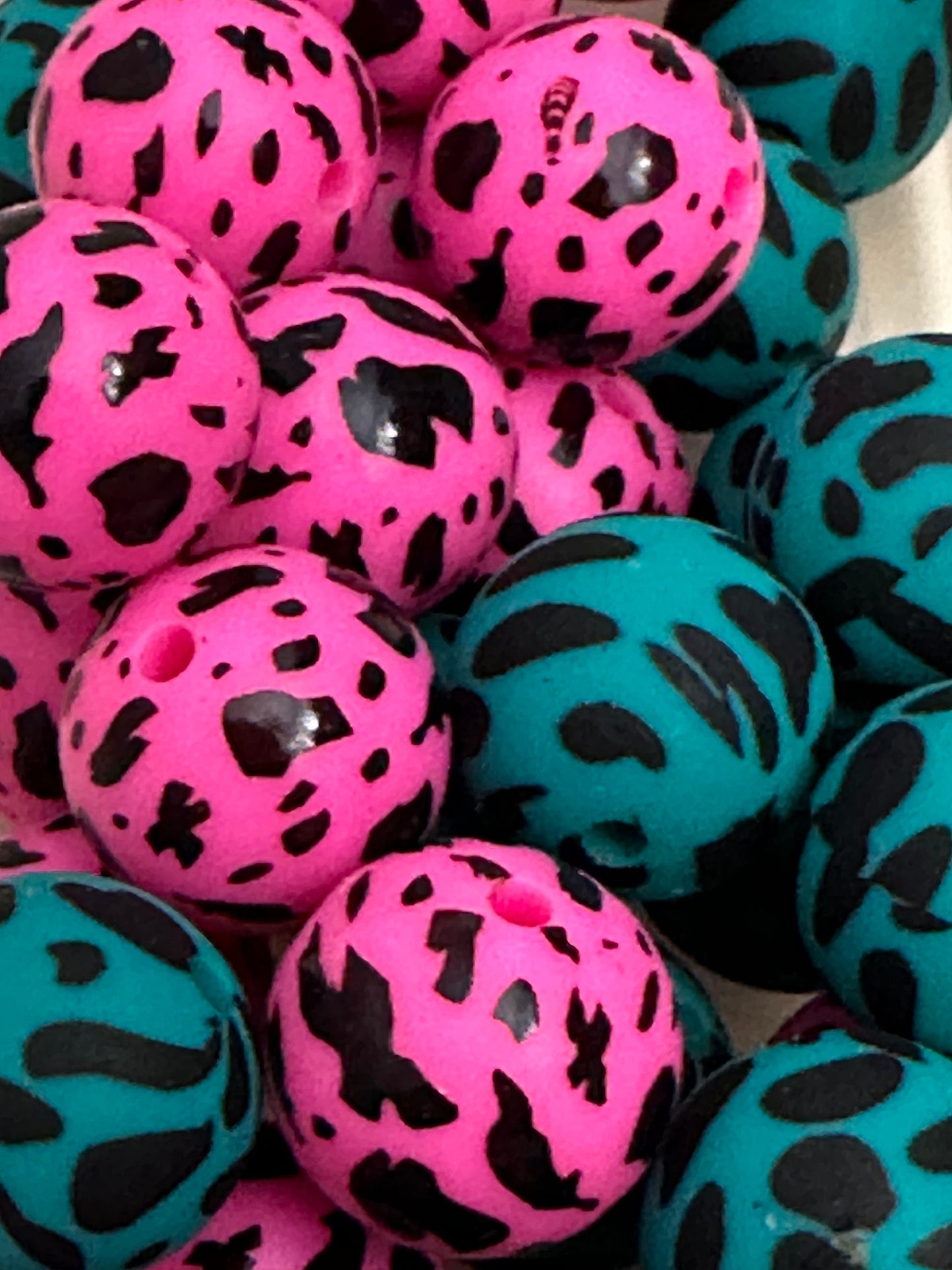 Bright pink and teal beads/15 mm Bead/ beadable pen/ keychain bead/ 15mm/ silicone