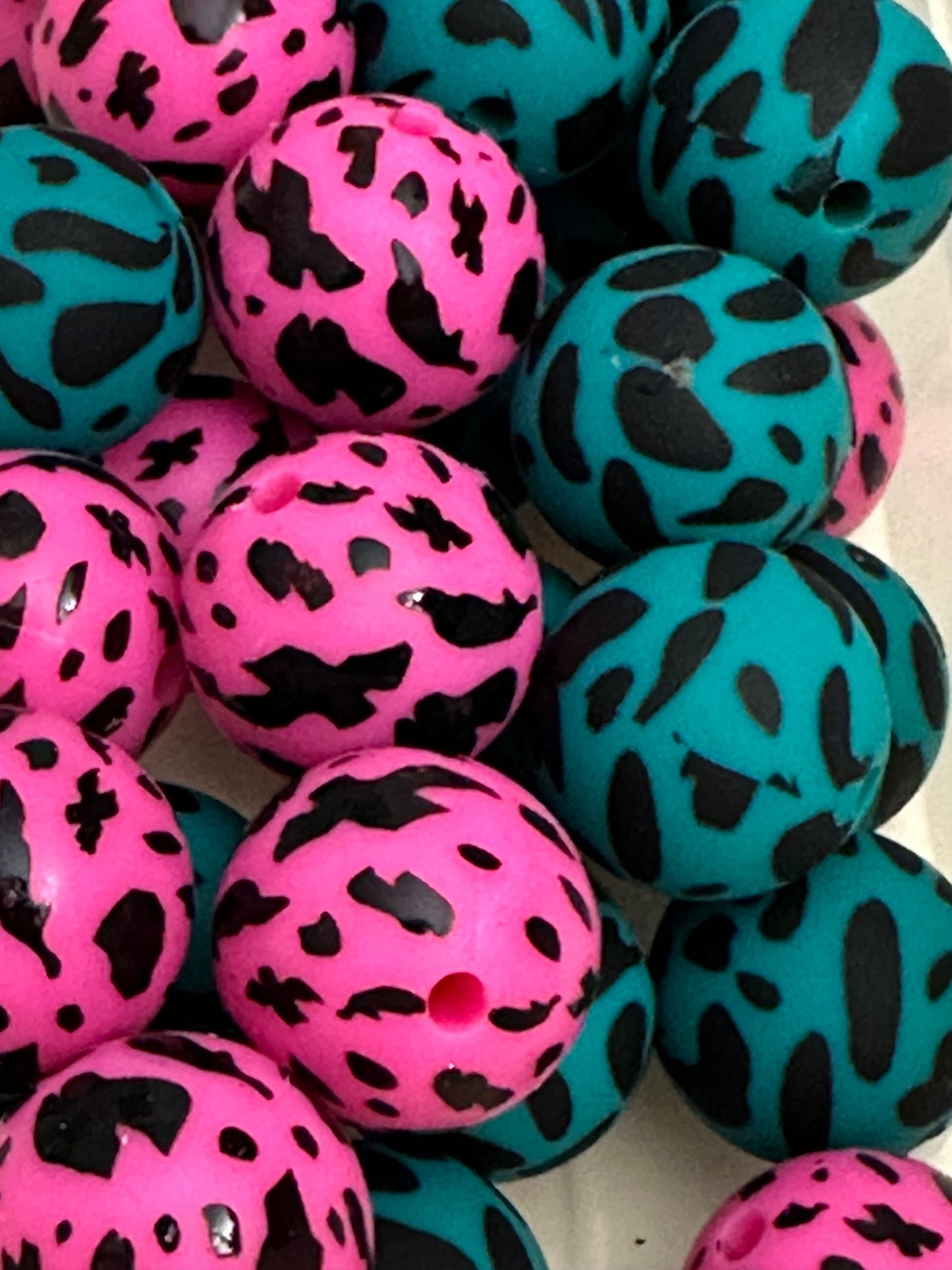 Bright pink and teal beads/15 mm Bead/ beadable pen/ keychain bead/ 15mm/ silicone