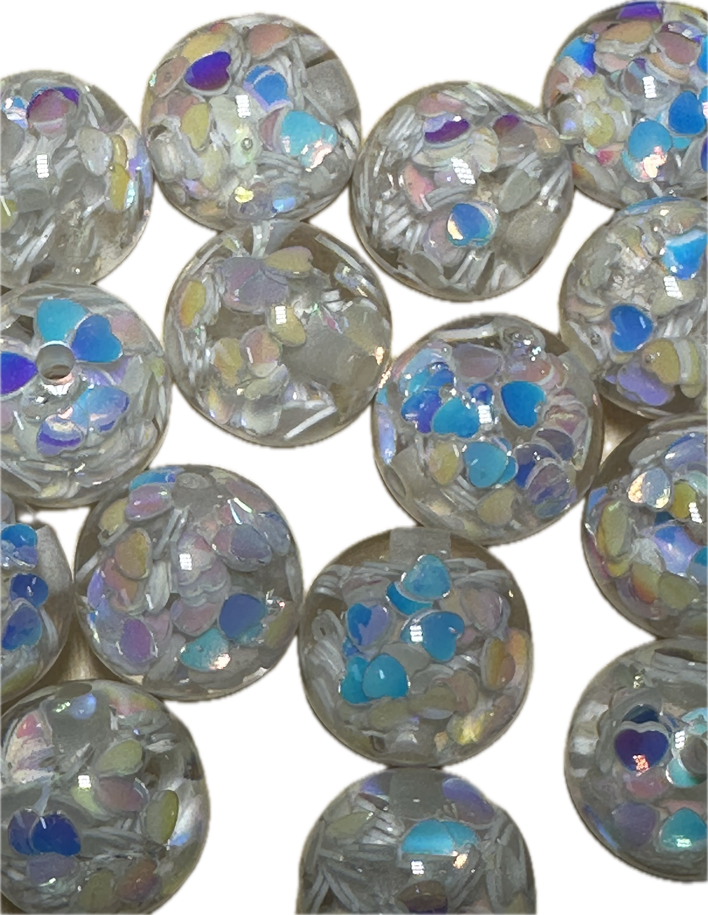 16mm resin beads with holographic hearts inside/ set of ten (10) 16mm beads/ infused beads/ pen beading beads/ beautiful / keychain beads/ DIY