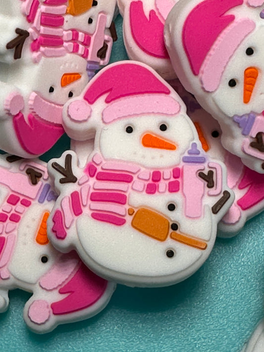 Pink Snowman holding tumbler Christmas/ Focal Bead/ beadable pen/ Silicone  bead/ keychain bead/snow lady