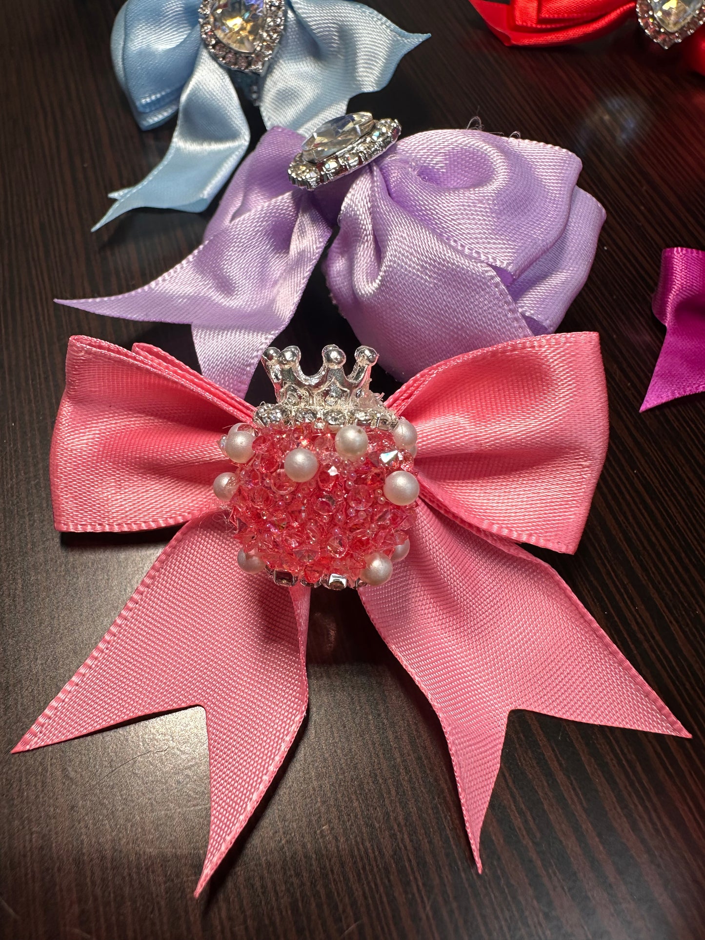 Large fancy rhinestones crown beads with satin bow