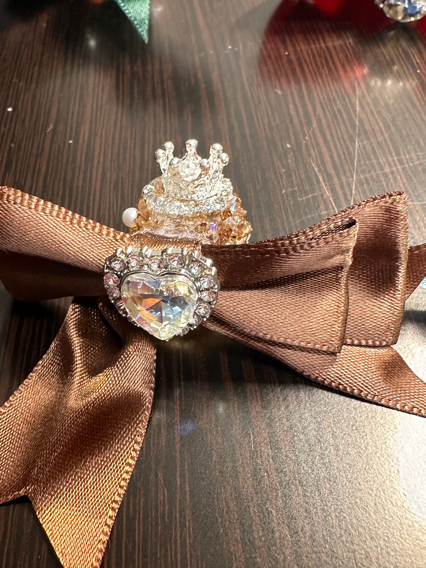 Large fancy rhinestones crown beads with satin bow