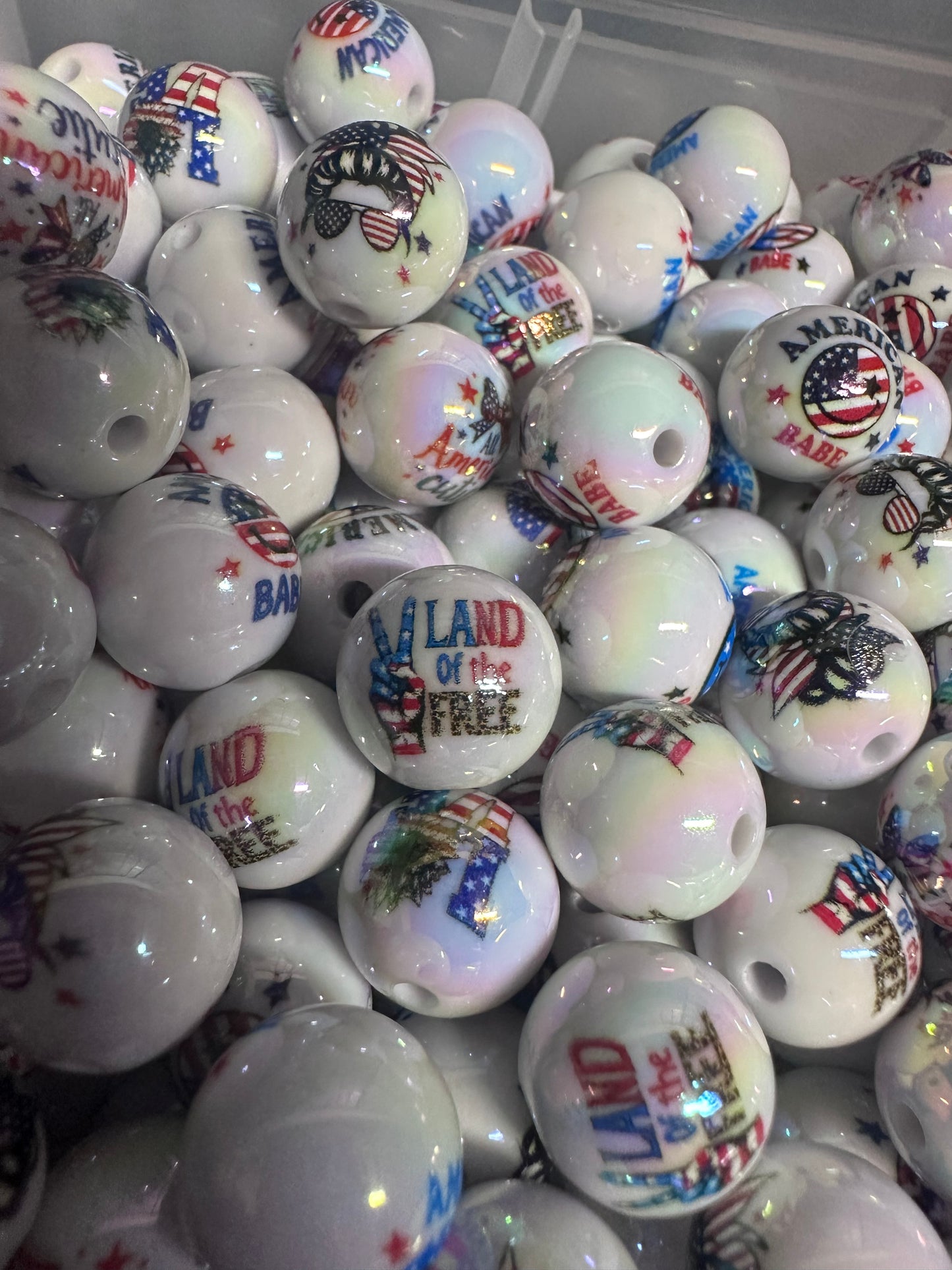 Acrylic white beads with USA themes on them included/ Bead/ beadable pen/ keychain bead/ Patriotic beads/ Ten (10) beads/16mm