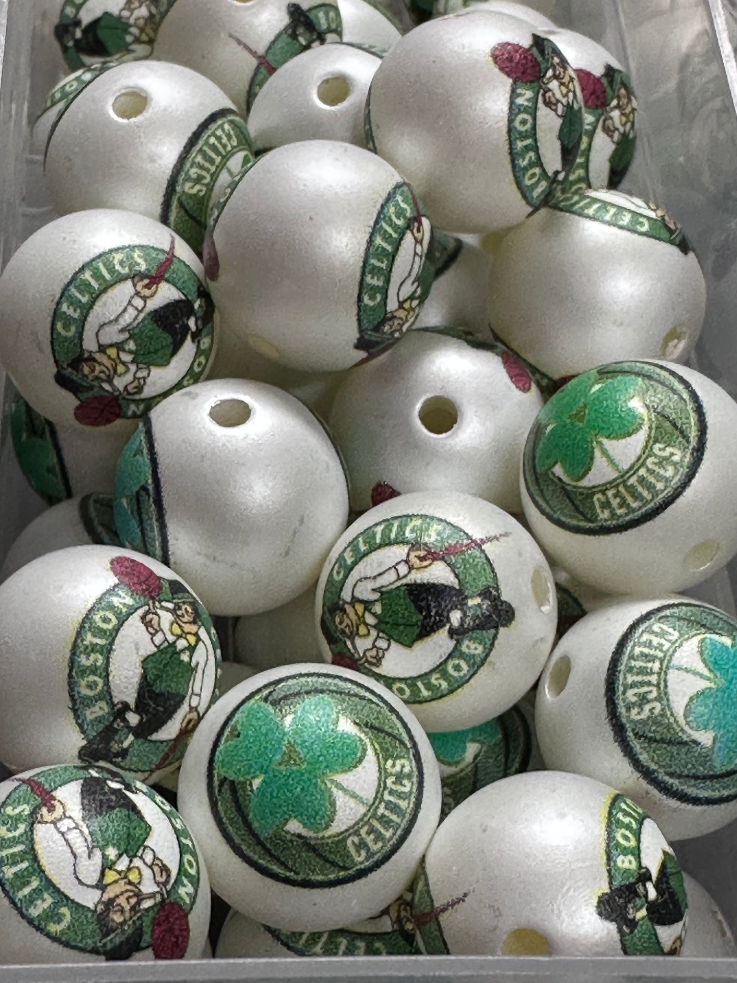 16mm Sports Print Beads • Set of 10 • Great for Pens, Keychains & Crafts- Boston Celtics