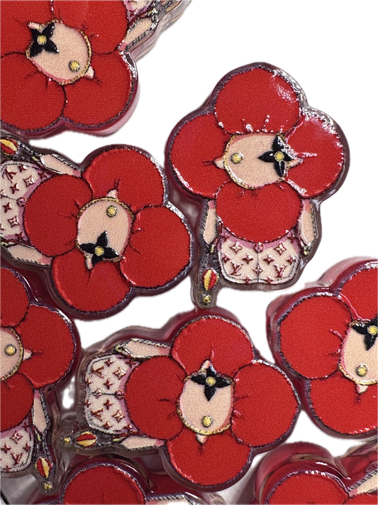 Design Red Flower acrylic focal bead- set of 2/ focal bead/ pen beading / keychain bead/