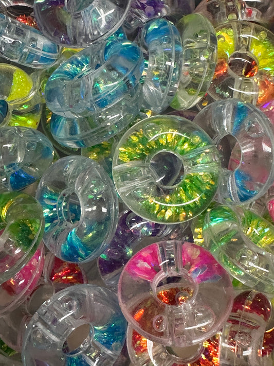 Donut shaped glitter liquid beads/ shaker beads/ snow globe beads/ jewelry Bead/ beadable pen beads/ keychain bead/ DIY/ Three (3) beads included/ 20+mm
