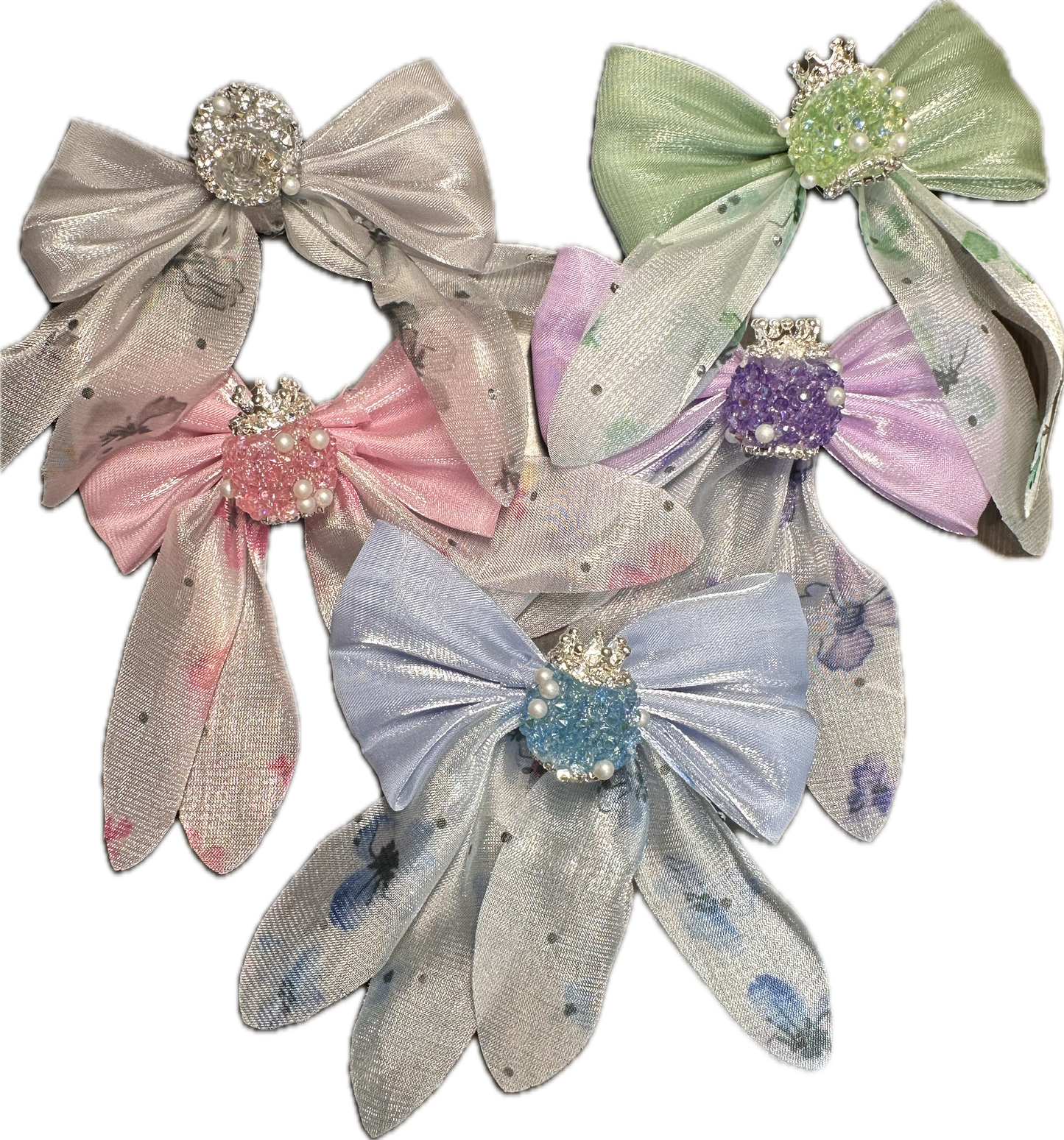 Large fancy rhinestones crown beads with floral satin bow