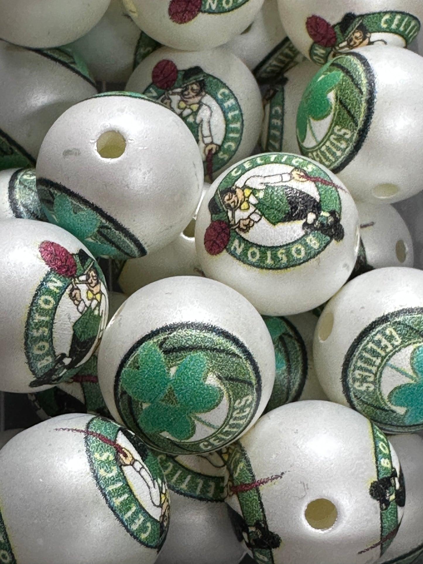 16mm Sports Print Beads • Set of 10 • Great for Pens, Keychains & Crafts- Boston Celtics