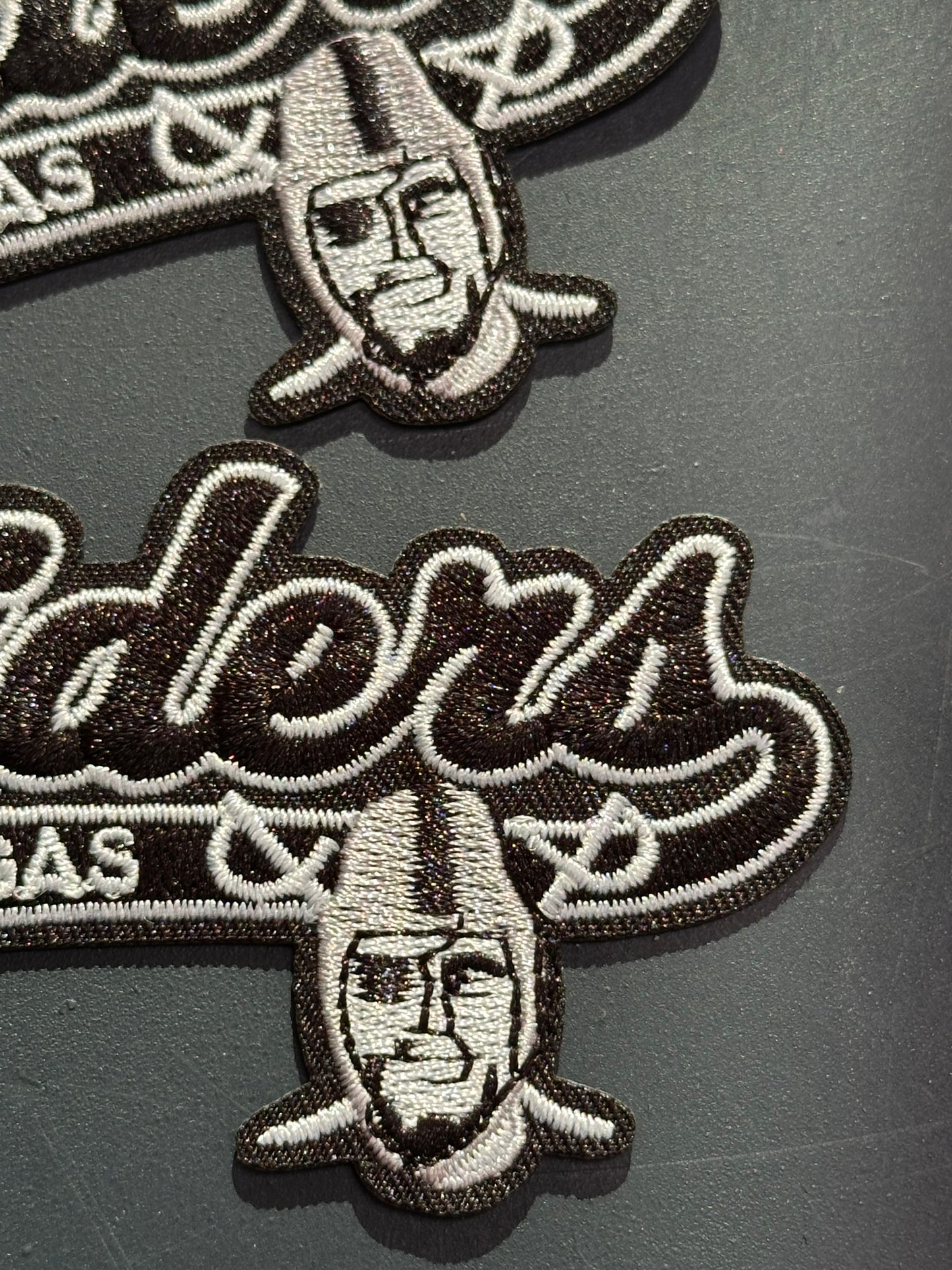 LAS VEGAS RAIDERS EMBROIDERED IRON ON PATCH/ SIZE APPROX 4" x 2"/ QUALITY MATERIAL/FABRIC PATCHES/FOOTBALL TEAM