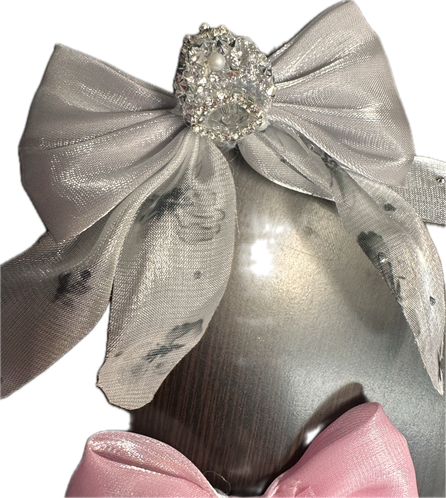 Large fancy rhinestones crown beads with floral satin bow