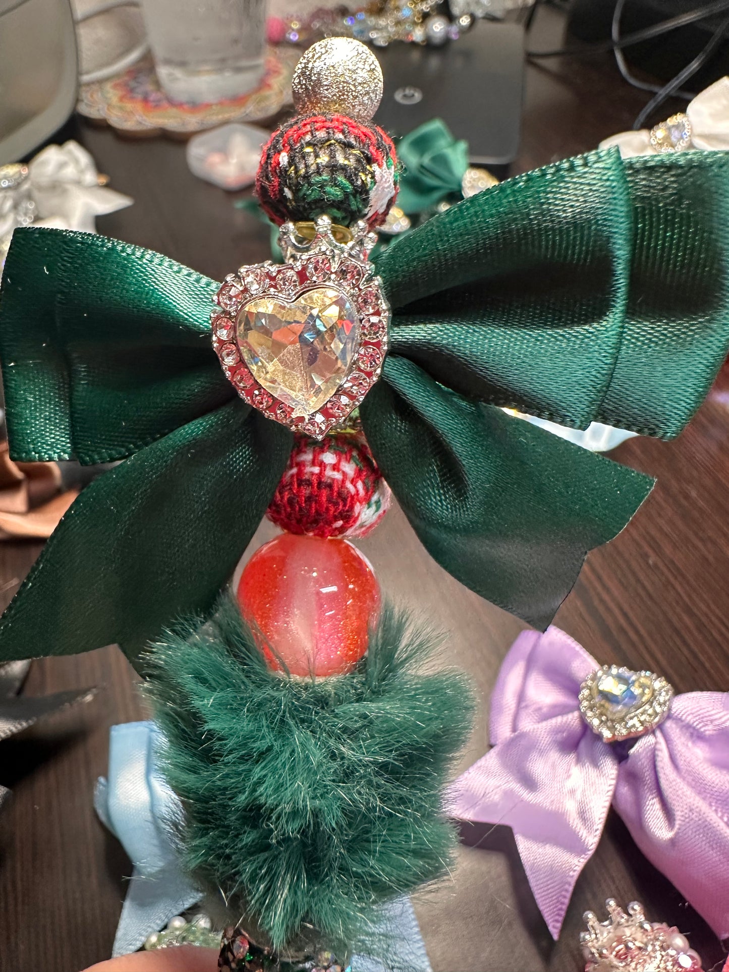Large fancy rhinestones crown beads with satin bow