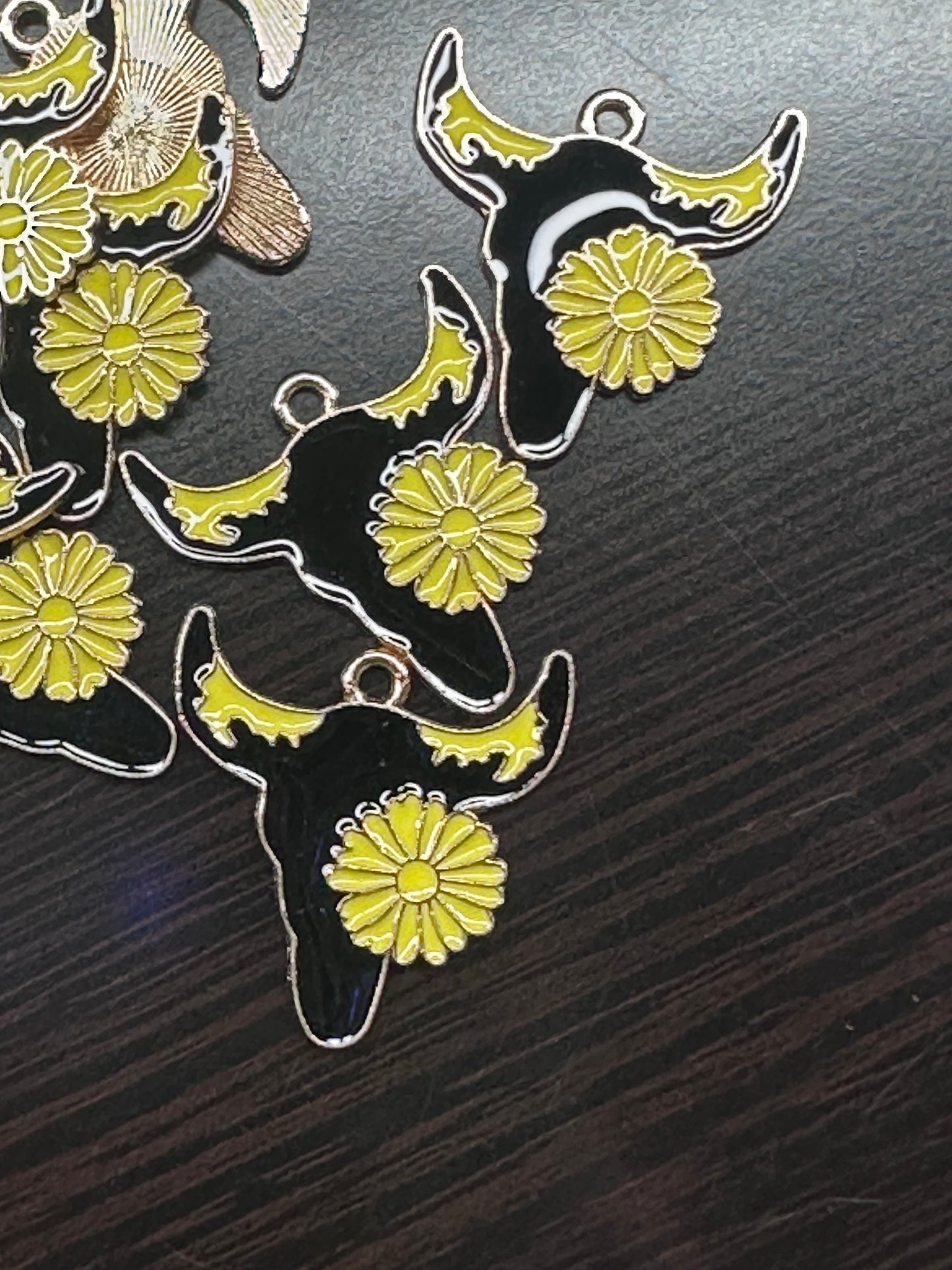 Steer head enamel metal charms/Black cow head with horns and yellow flower/ DIY charm bracelet/ DIY necklace