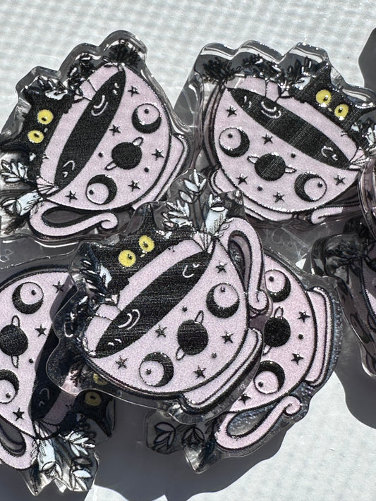 Tea cup acrylic focal bead- set of 2/ focal bead/ pen beading / keychain bead/Black cat/Cosmic/ celestial