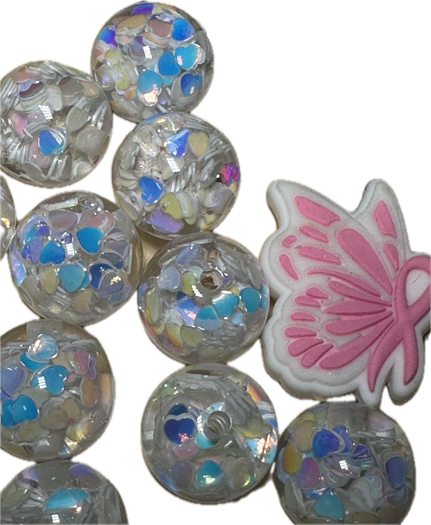 16mm resin beads with holographic hearts inside/ set of ten (10) 16mm beads/ infused beads/ pen beading beads/ beautiful / keychain beads/ DIY