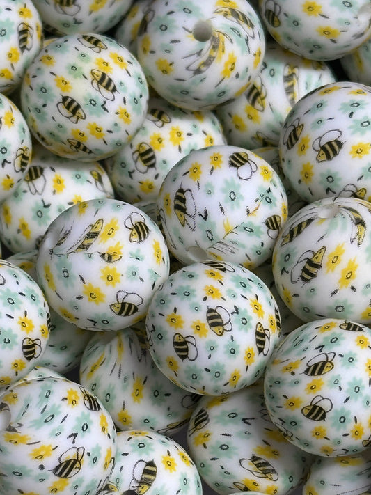 Flowers and bumble bees on white beads/ printed beads /15 mm round shaped/beadable pen/ keychain bead/10 beads included