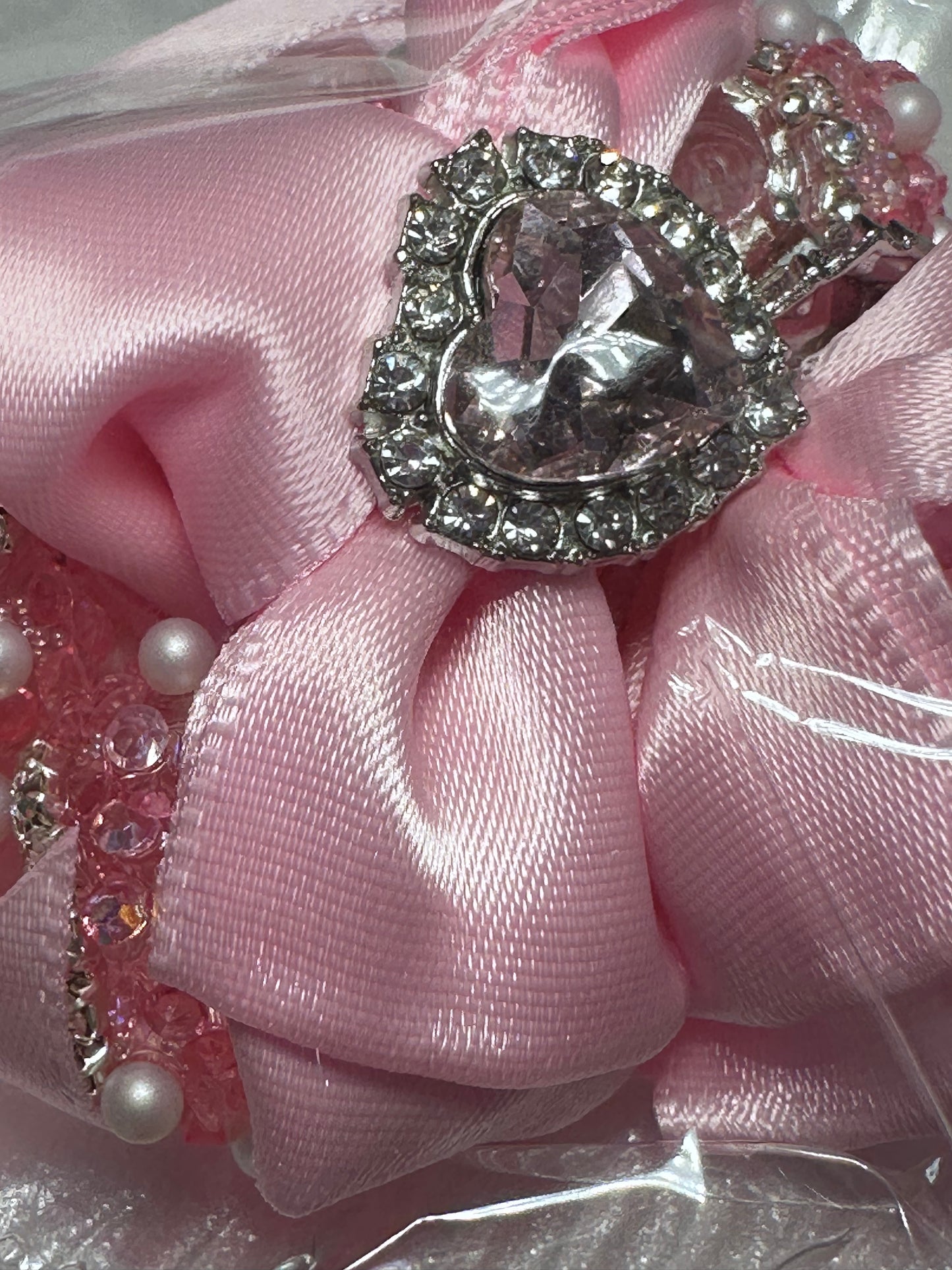 Large fancy rhinestones crown beads with satin bow