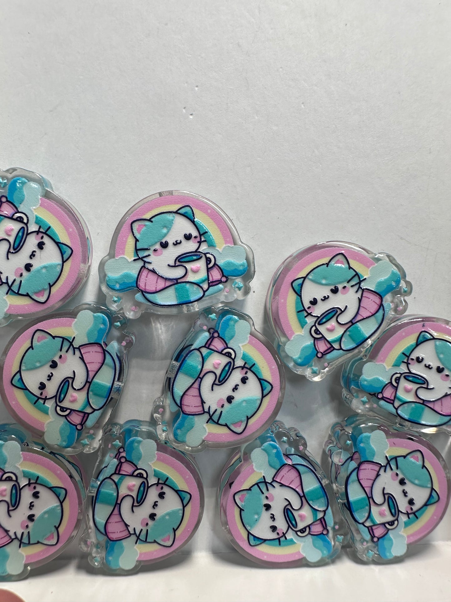 Cat drinking coffee acrylic focal bead- set of 2 different beads/ focal bead/ pen beading / keychain bead