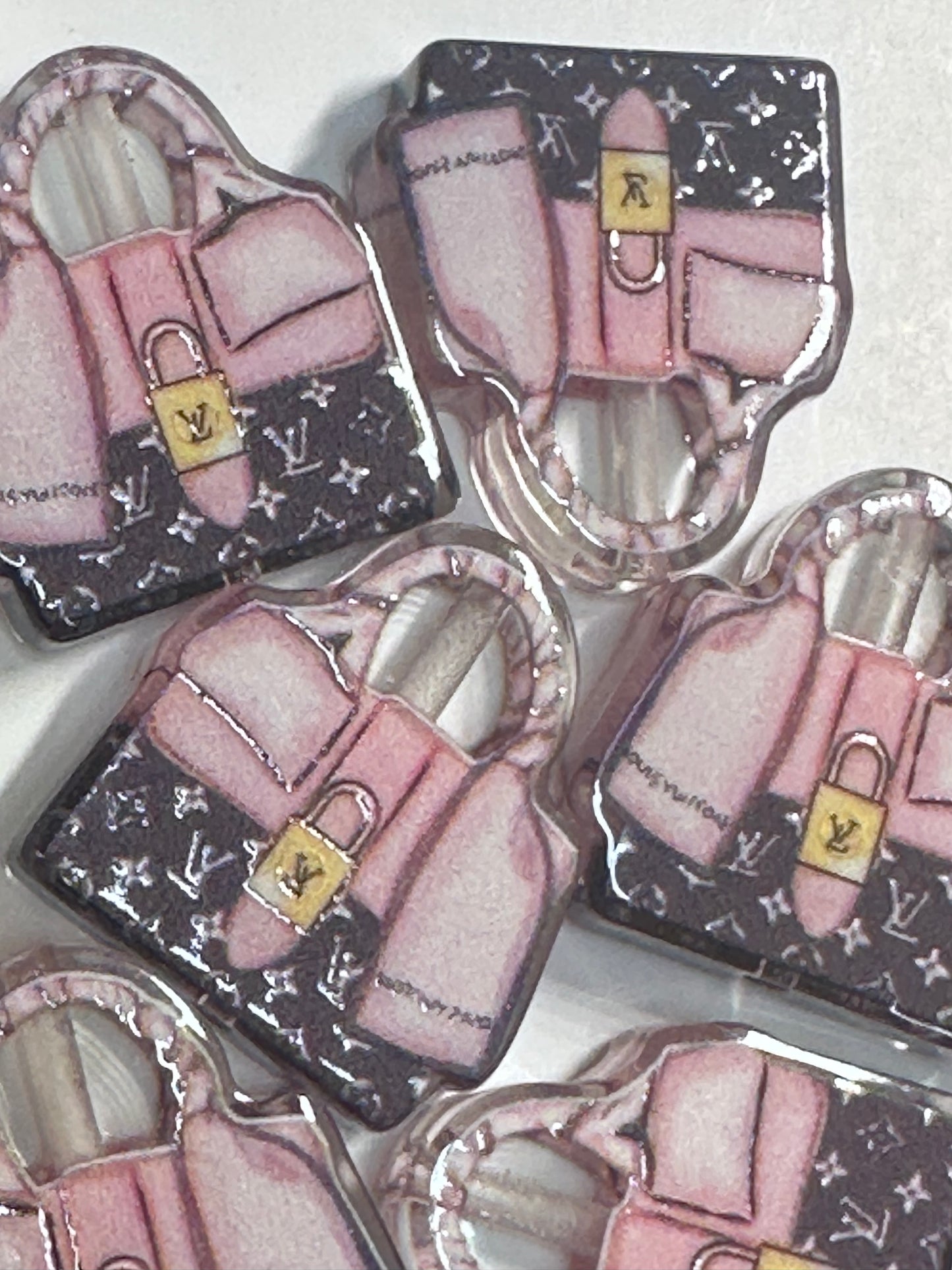 Fancy design Purse Handbag acrylic focal bead- set of 2/ focal bead/pink and brown monogram/ pen beading / keychain bead