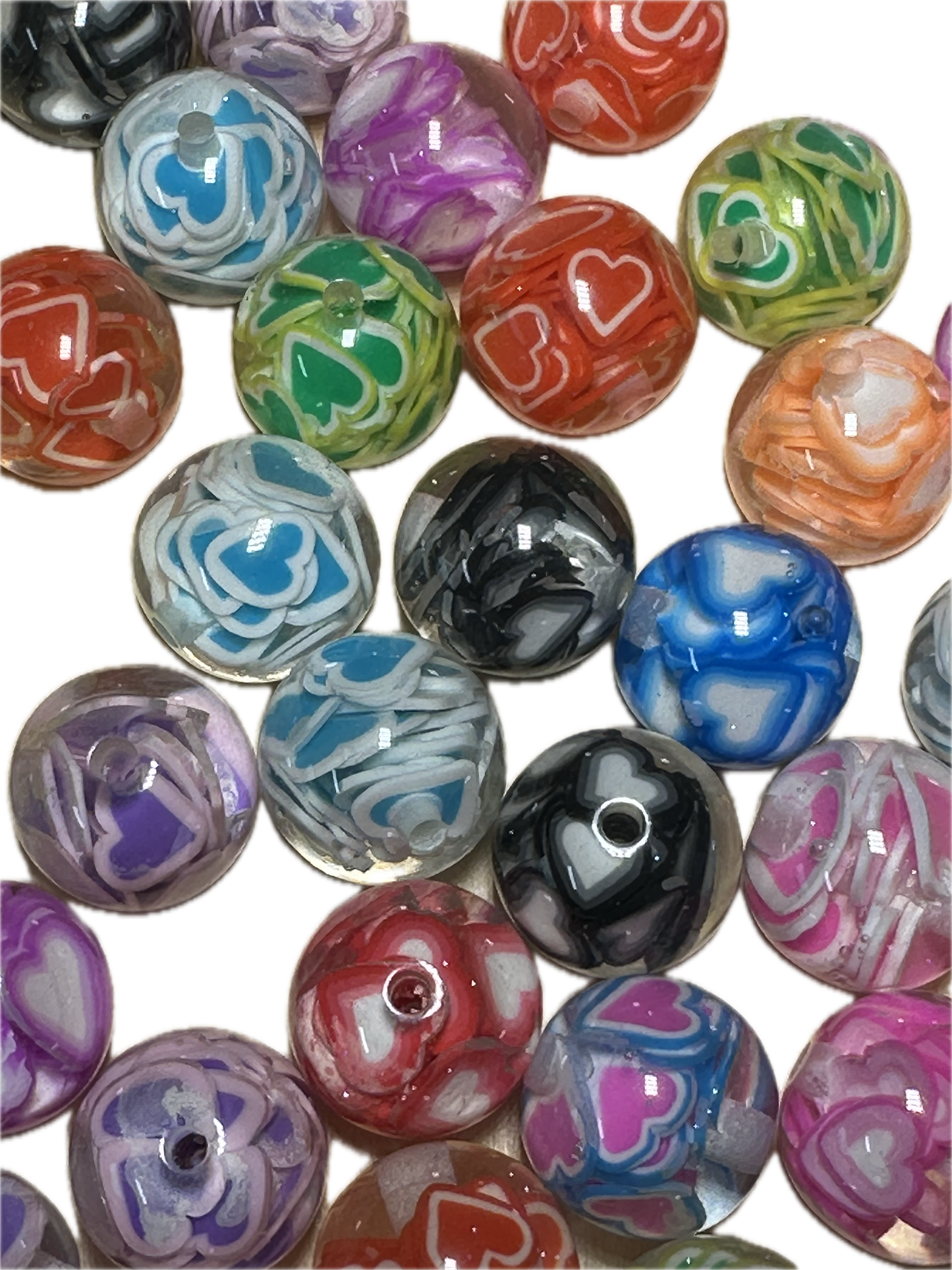 16mm resin beads with assorted color hearts inside/ set of ten (10) 16mm beads/ infused beads/ pen beading beads/ beautiful / keychain beads/ DIY