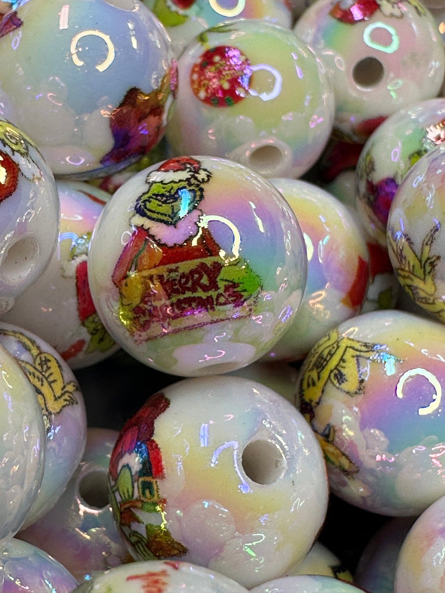 Acrylic white beads with Christmas designs on them included/ Bead/ beadable pen/ keychain bead/ Christmas bead/ Ten (10) beads/16mm (Copy)