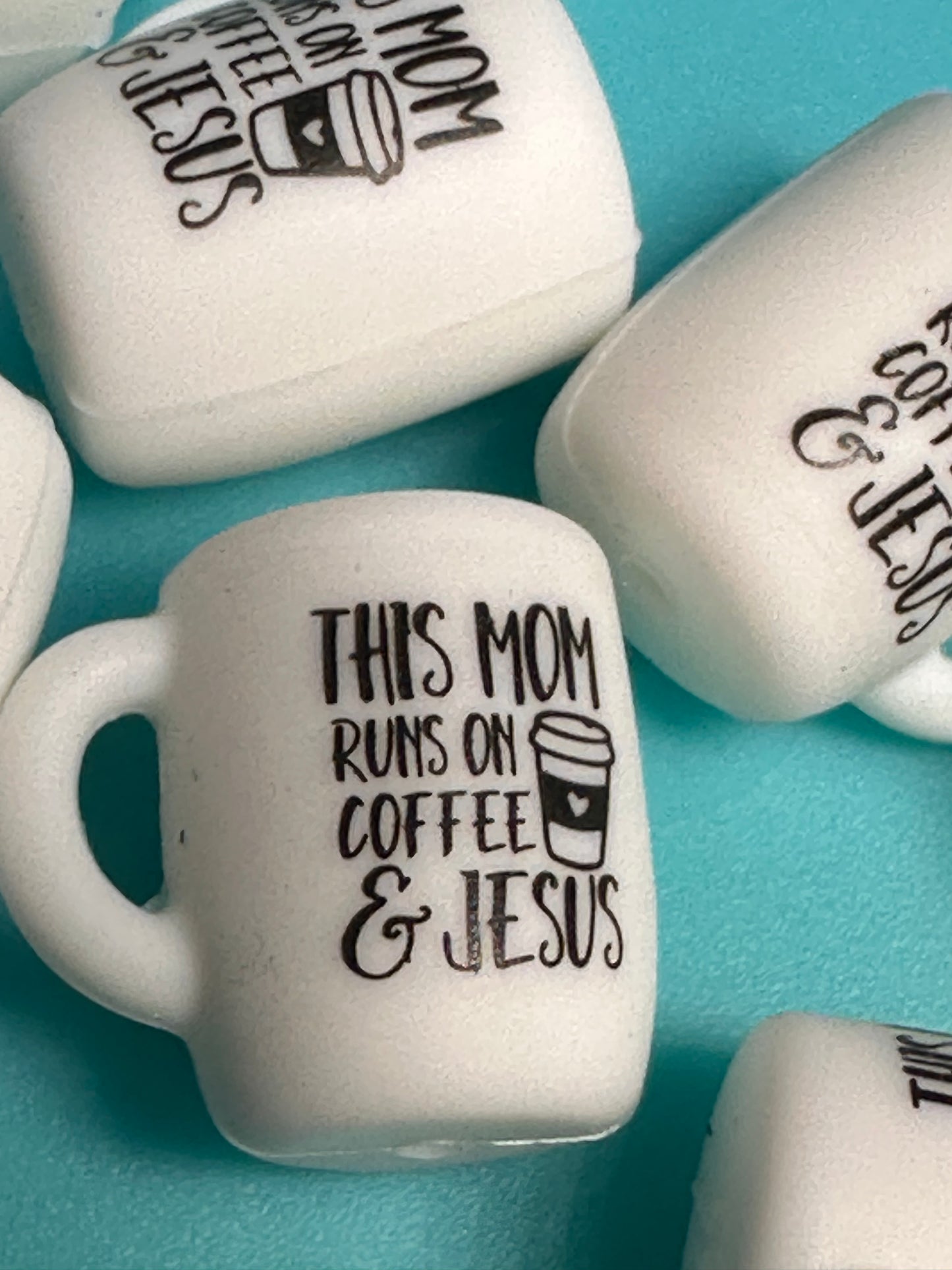 3D Mug/ This Mom runs on coffee and Jesus/ mama Focal Bead/ for beadable pen/ Silicone  bead/keychain bead/ Mothers Day/