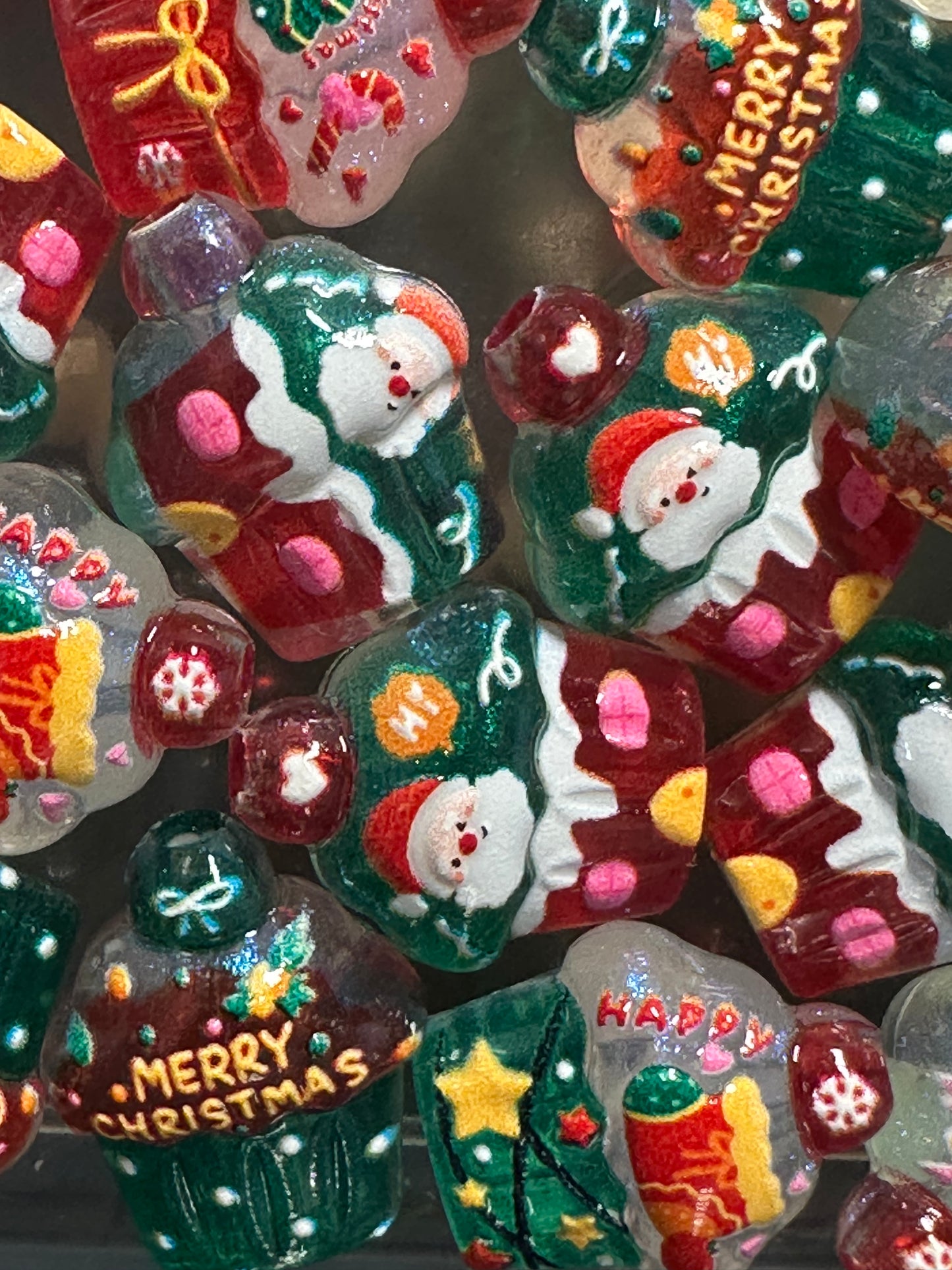 Christmas Cupcake Shaped  Acrylic Beads • 16MM Beads • Pen Beads • Beadable Pen Supplies • DIY Craft Beads • Random Mix – Set of 10