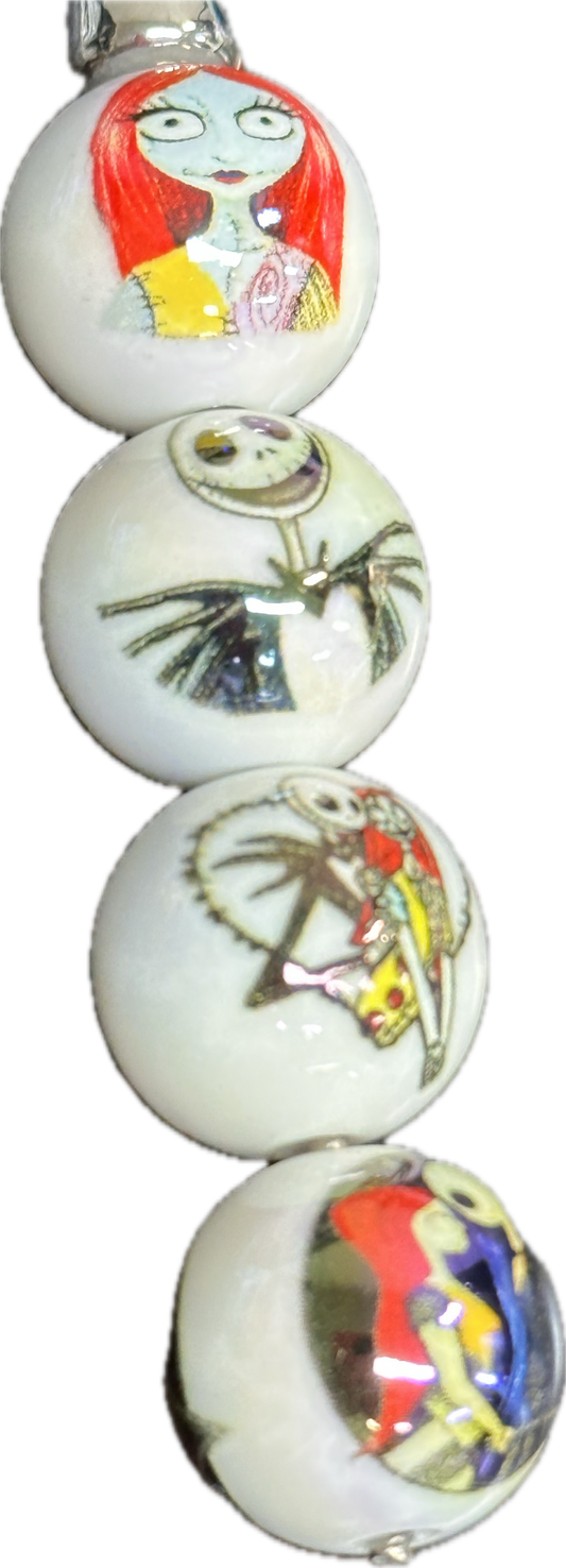 Assorted Jack and Sally designs on white jelly beads/ Ten (10) acrylic assorted pattern round shaped beads included/ jewelry Bead/ beadable pen beads/ keychain bead/ DIY/ shiny unique 16mm beads UV coated/randomly chosen/Halloween