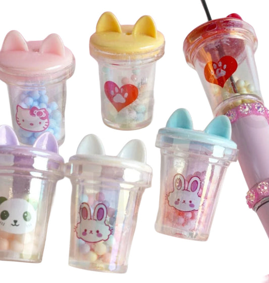 Clear shaker Cat Panda Bunny Paw Print Heart Design Clear Cup Bottle with cat ears on lid/ Small Colorful Mini Balls Inside Acrylic Beads, Random Mix, 34x22mm approx. /random choice of colors/ cup shaped acrylic/Perfect for pen beading/ jewelry making/