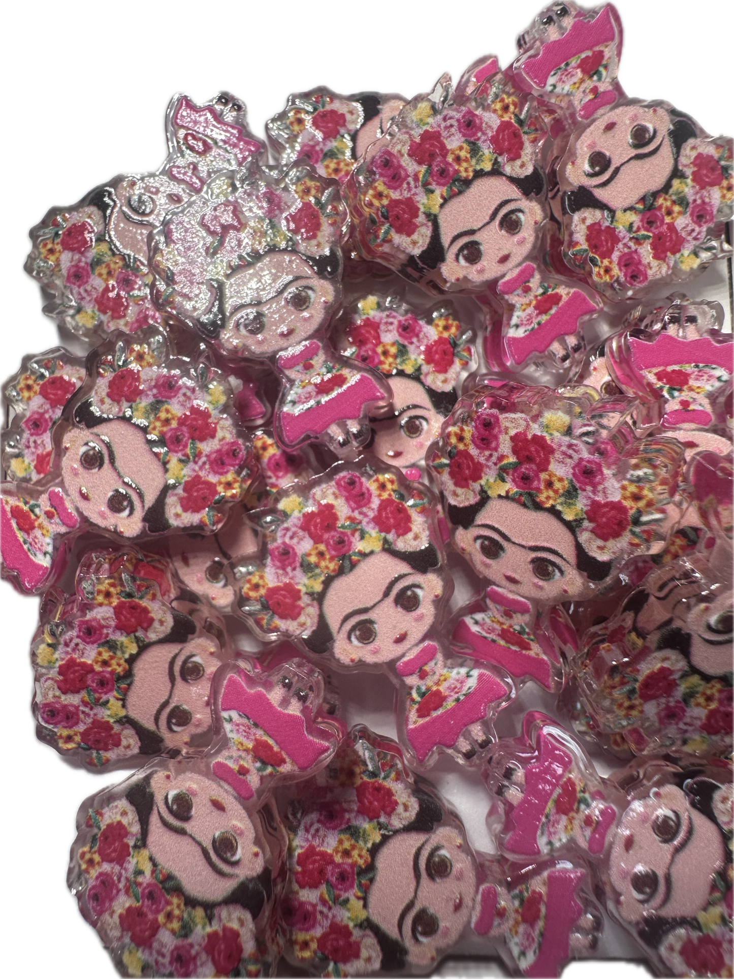 Mexican Lady artist acrylic focal bead- set of 2/ focal bead/ pen beading / keychain bead / Colorful Woman