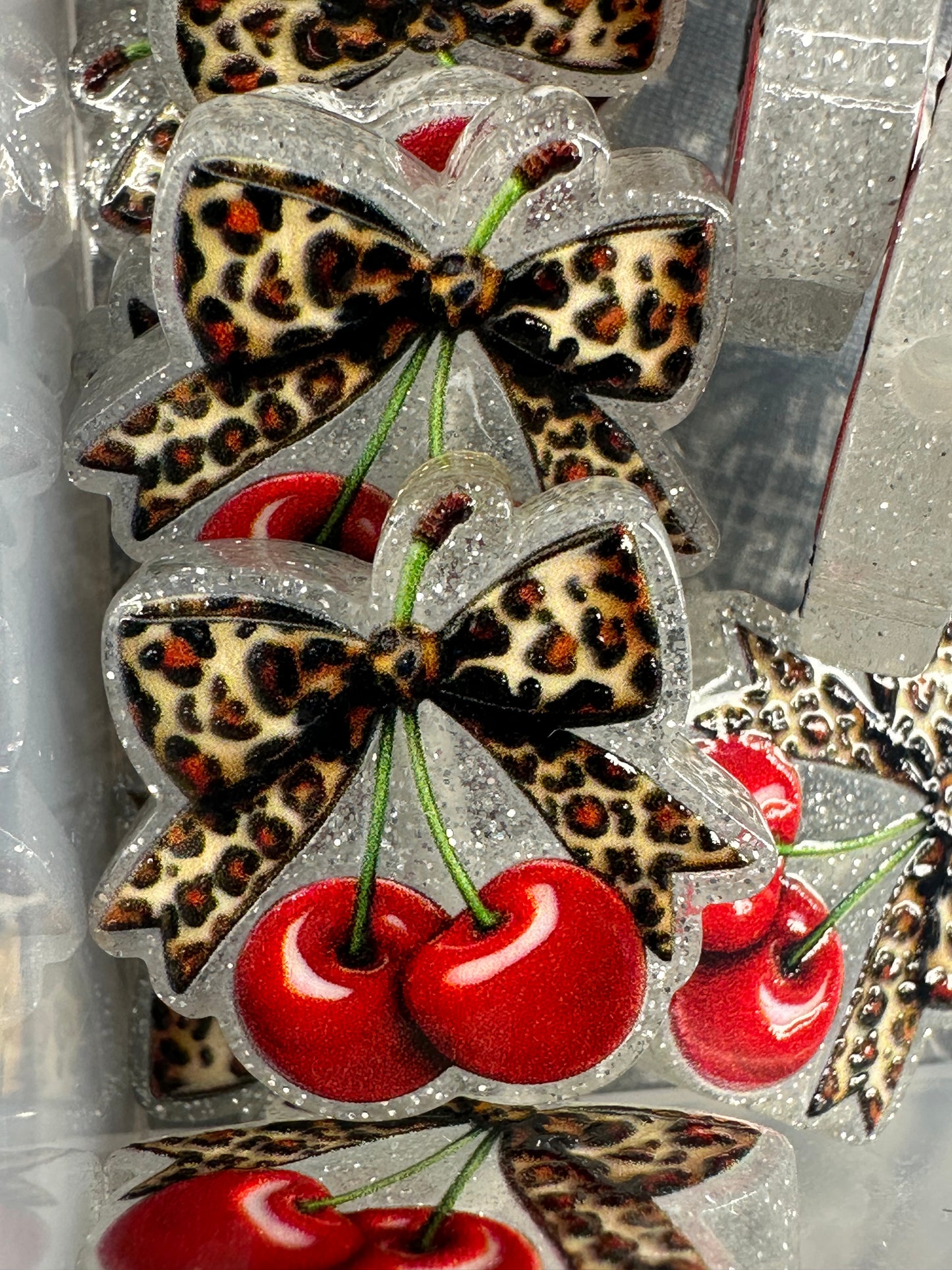 Cherries and leopard bow acrylic focal bead- set of 2/ focal bead/ pen beading / keychain bead/