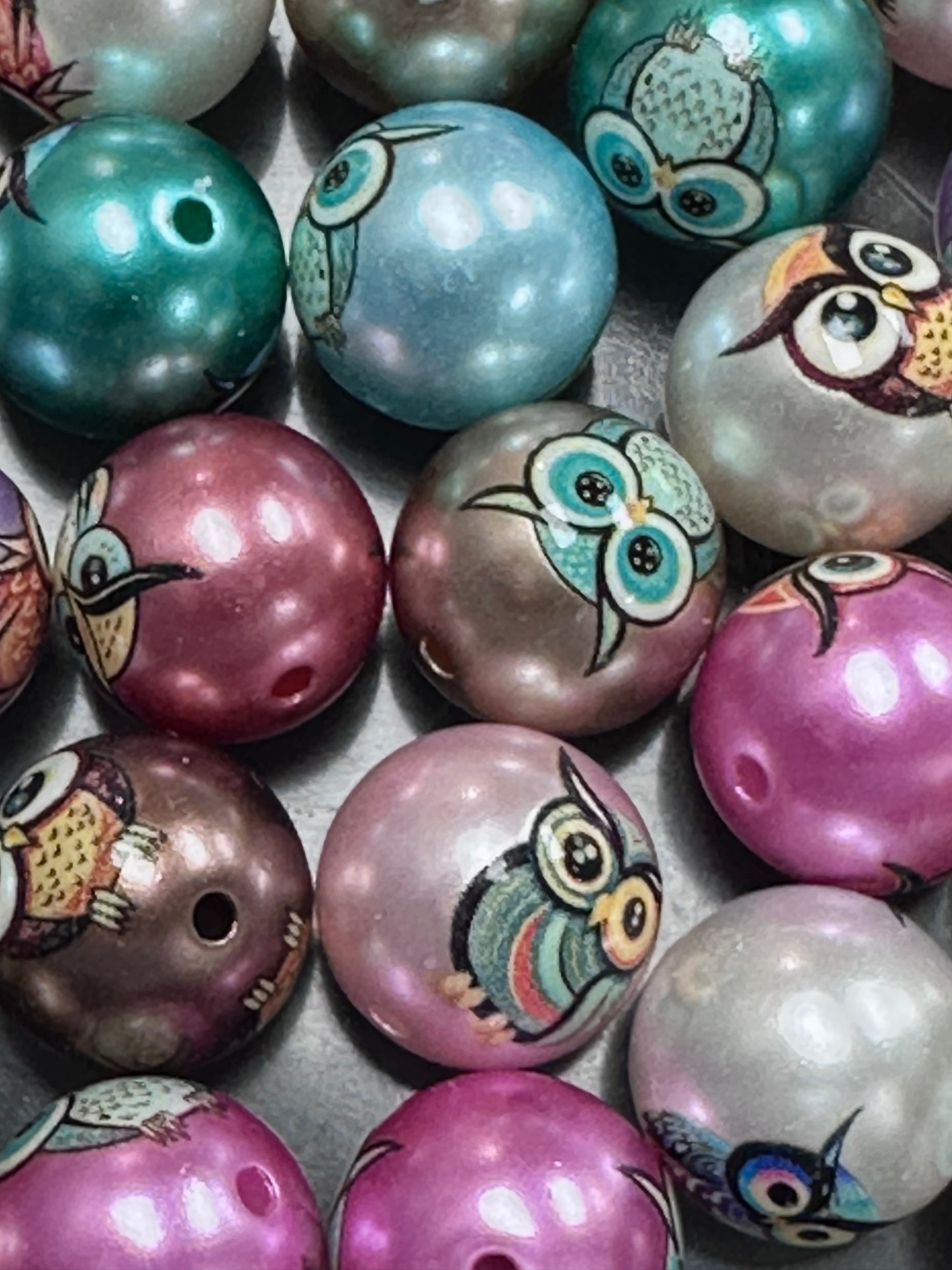 Ten (10) satin colorful owl beads/ round shaped beads/ pen beading beads / keychain beads/ DIY/ 16mm/