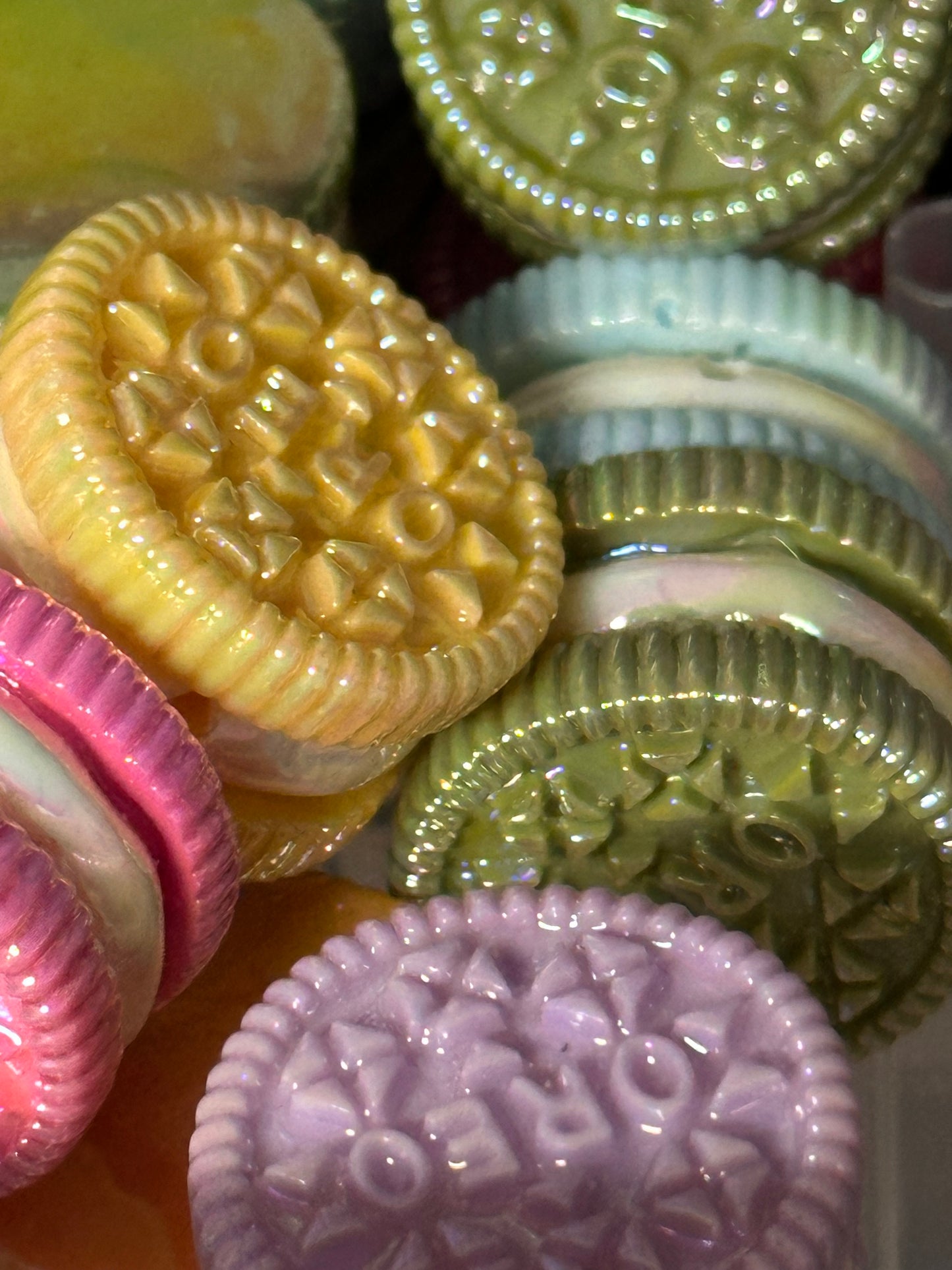 Five (5) unique pastel cookie beads included/ random choice of colors/ snack shaped acrylic/ Perfect for pen beading/ jewelry making/