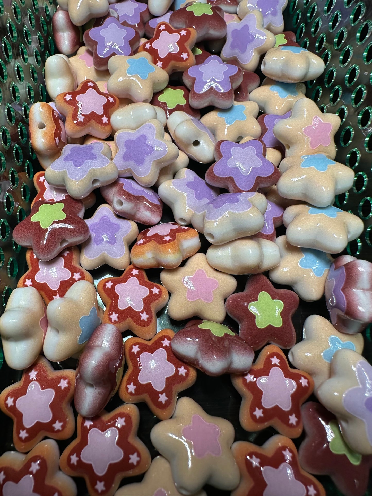 Star shaped painted beads - set of ten (10) / beadable pen/ keychain bead/assorted colors