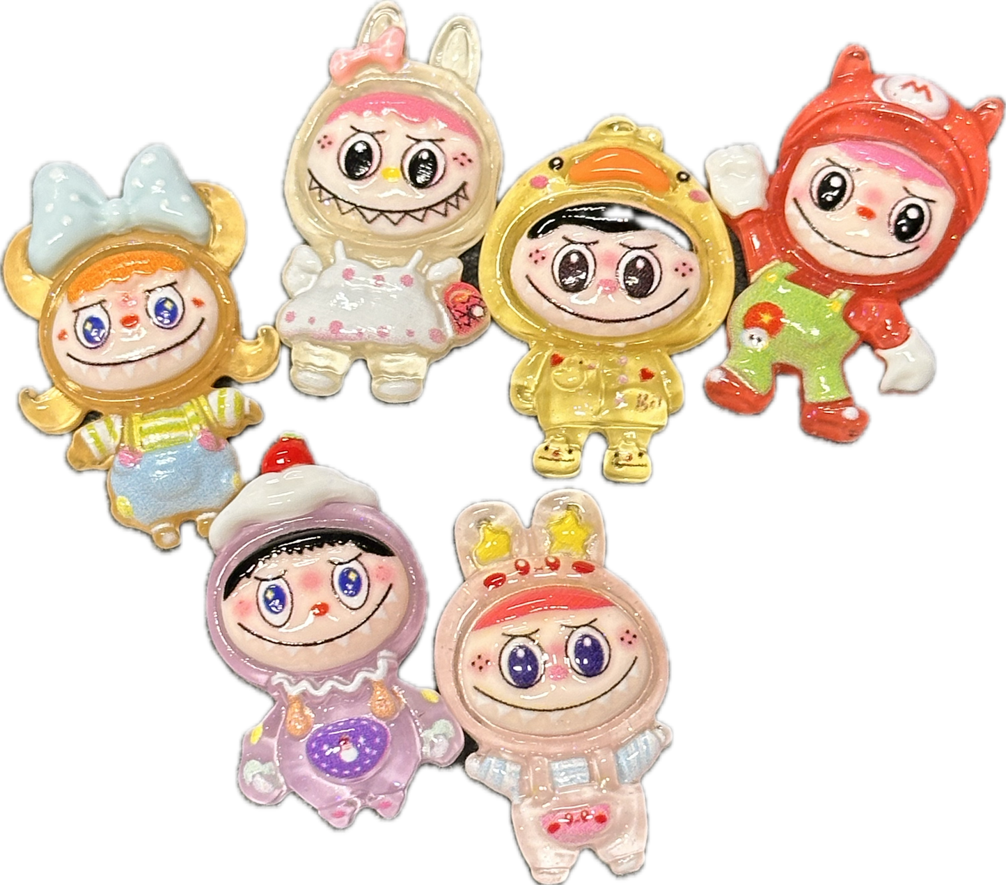 Glue On Labubu Charms – Flat Back Embellishments for DIY Crafts- Set of 6 different designs