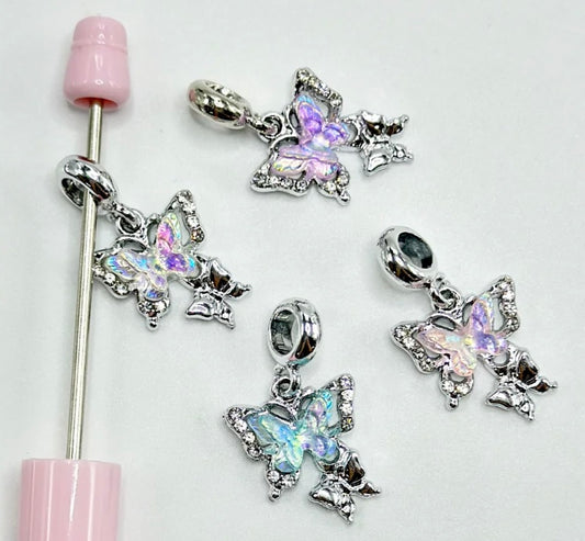 Fancy silver hearts with butterfly with rhinestones spacer dangling rhinestone beads/Bail beads and jump ring attached/ Five beads included/fancy Beads/ beadable pen/ keychain bead/ 30mm