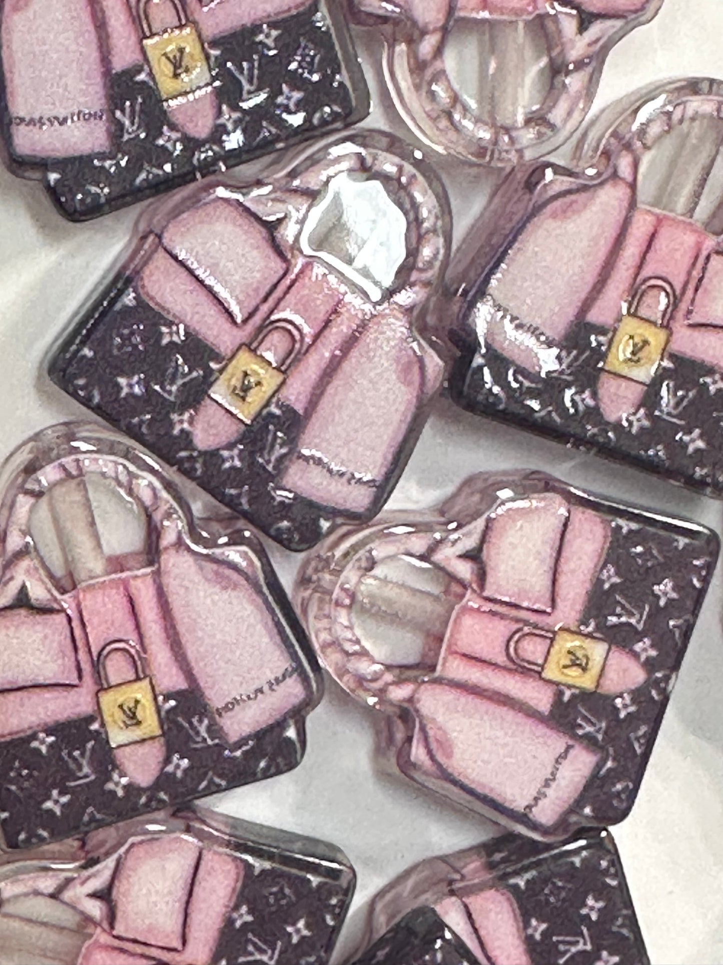 Fancy design Purse Handbag acrylic focal bead- set of 2/ focal bead/pink and brown monogram/ pen beading / keychain bead