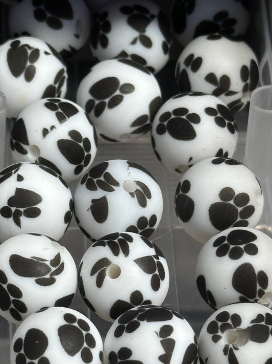 Black dog paws on white beads/ printed beads /15 mm round shaped/beadable pen/ keychain bead/10 beads included