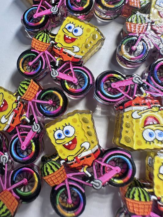 Yellow guy riding a bike acrylic focal bead- set of 2/ focal bead/ pen beading / keychain bead