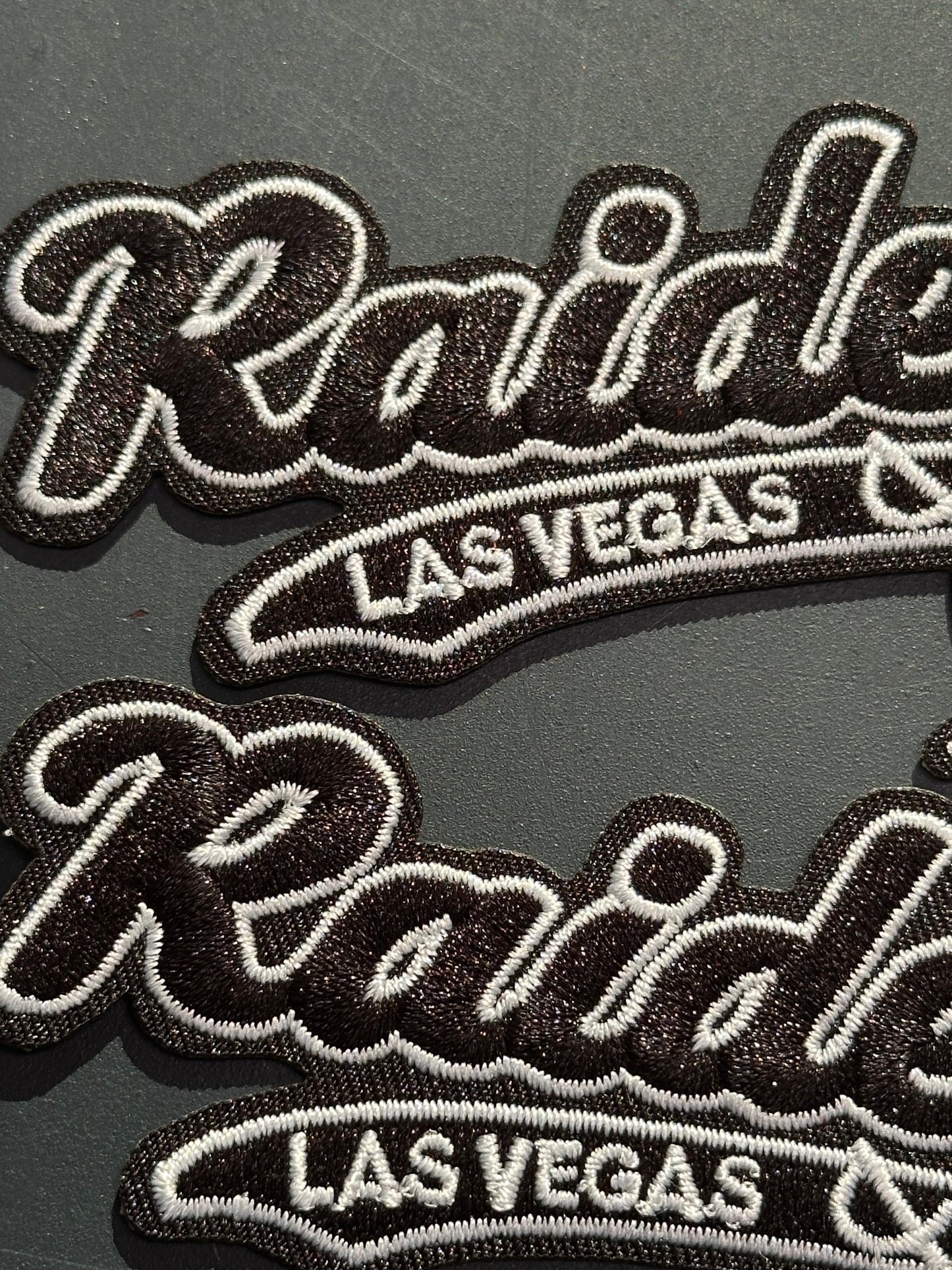 LAS VEGAS RAIDERS EMBROIDERED IRON ON PATCH/ SIZE APPROX 4" x 2"/ QUALITY MATERIAL/FABRIC PATCHES/FOOTBALL TEAM